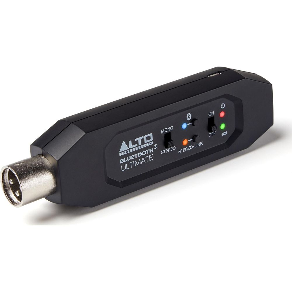 Un adattatore Alto Bluetooth Ultimate nero con connettore XLR e interruttori.