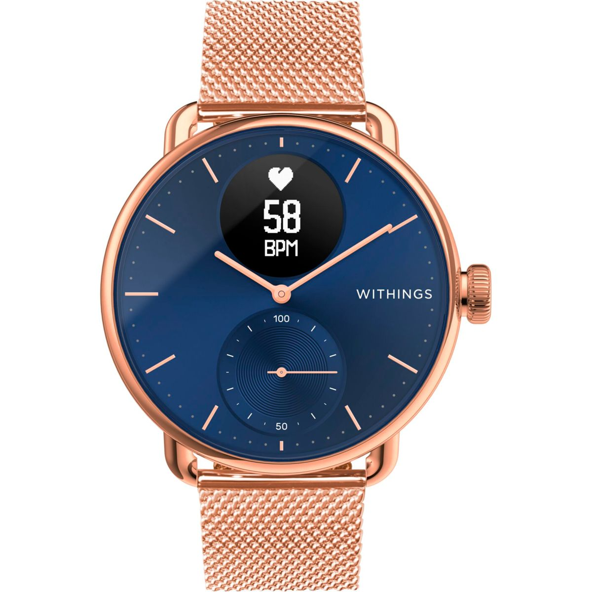 Reloj inteligente oro rosa con esfera azul, muestra ritmo cardíaco y correa de malla.