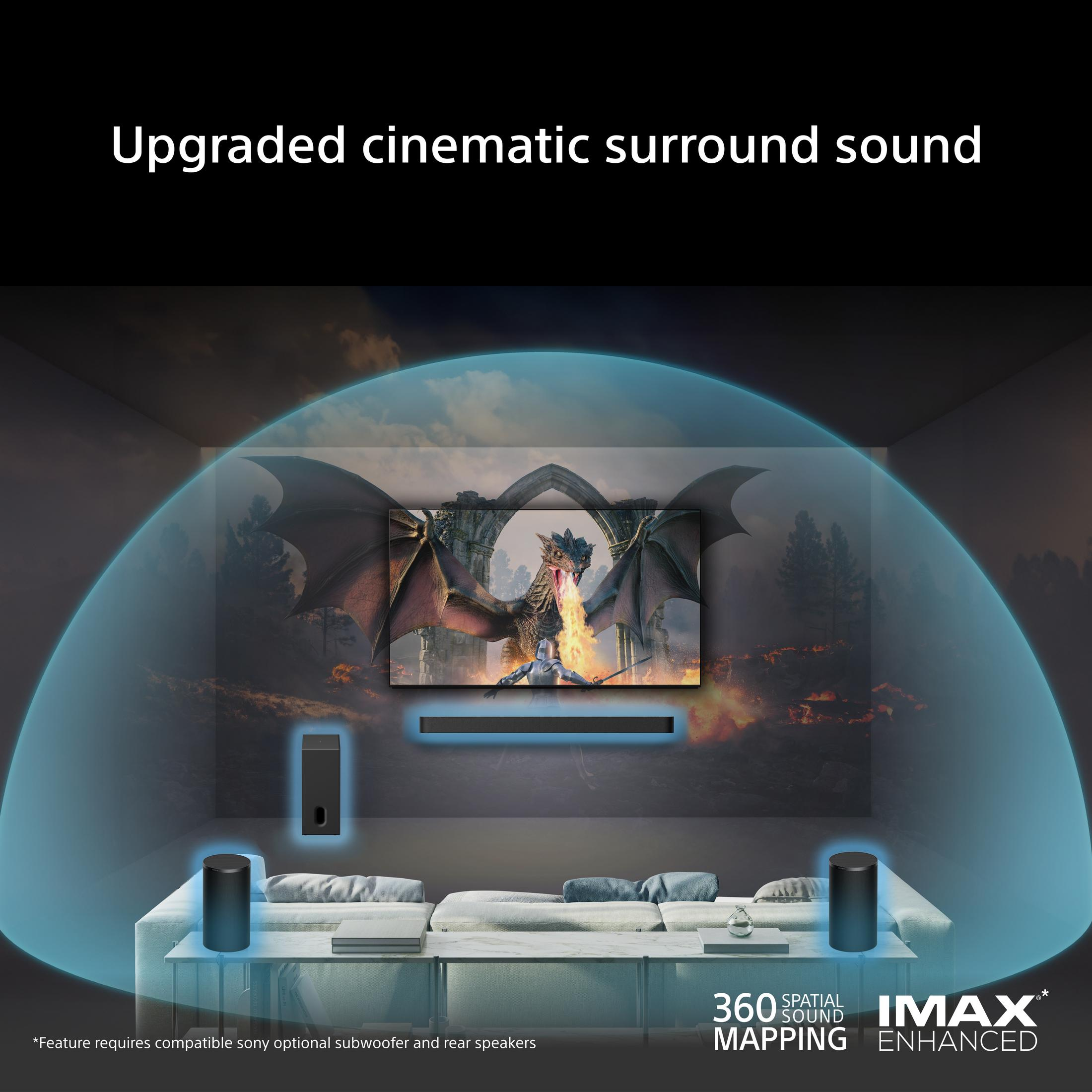 Ein Wohnzimmer mit Fernseher, der einen Drachen zeigt. Surround-Sound-Lautsprecher sind platziert.