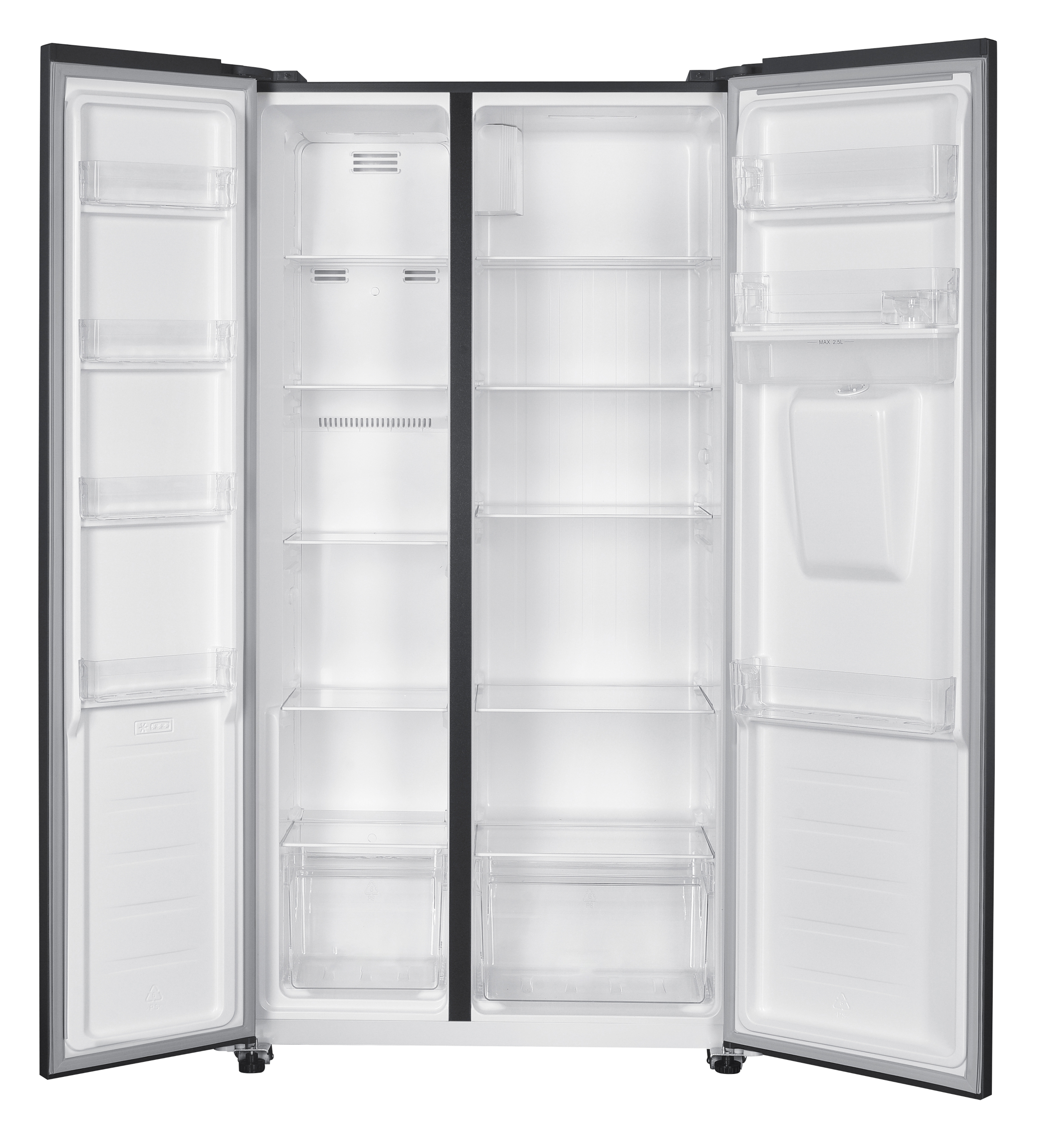Ein leerer, offener Kühlschrank mit zwei Türen, Regalen und Schubladen.