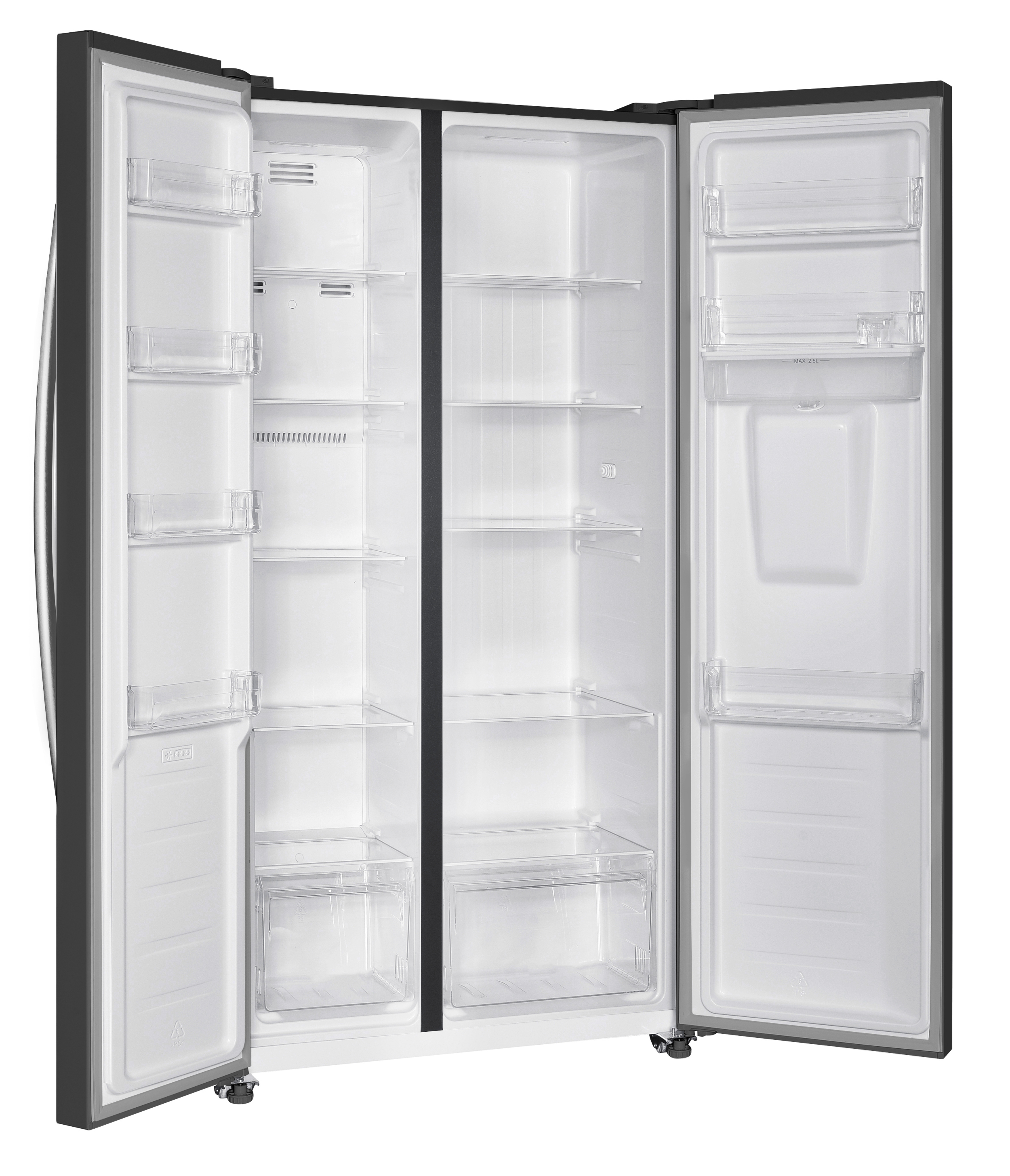 Ein offener, leerer Kühlschrank mit zwei Türen und mehreren Regalen und Fächern.