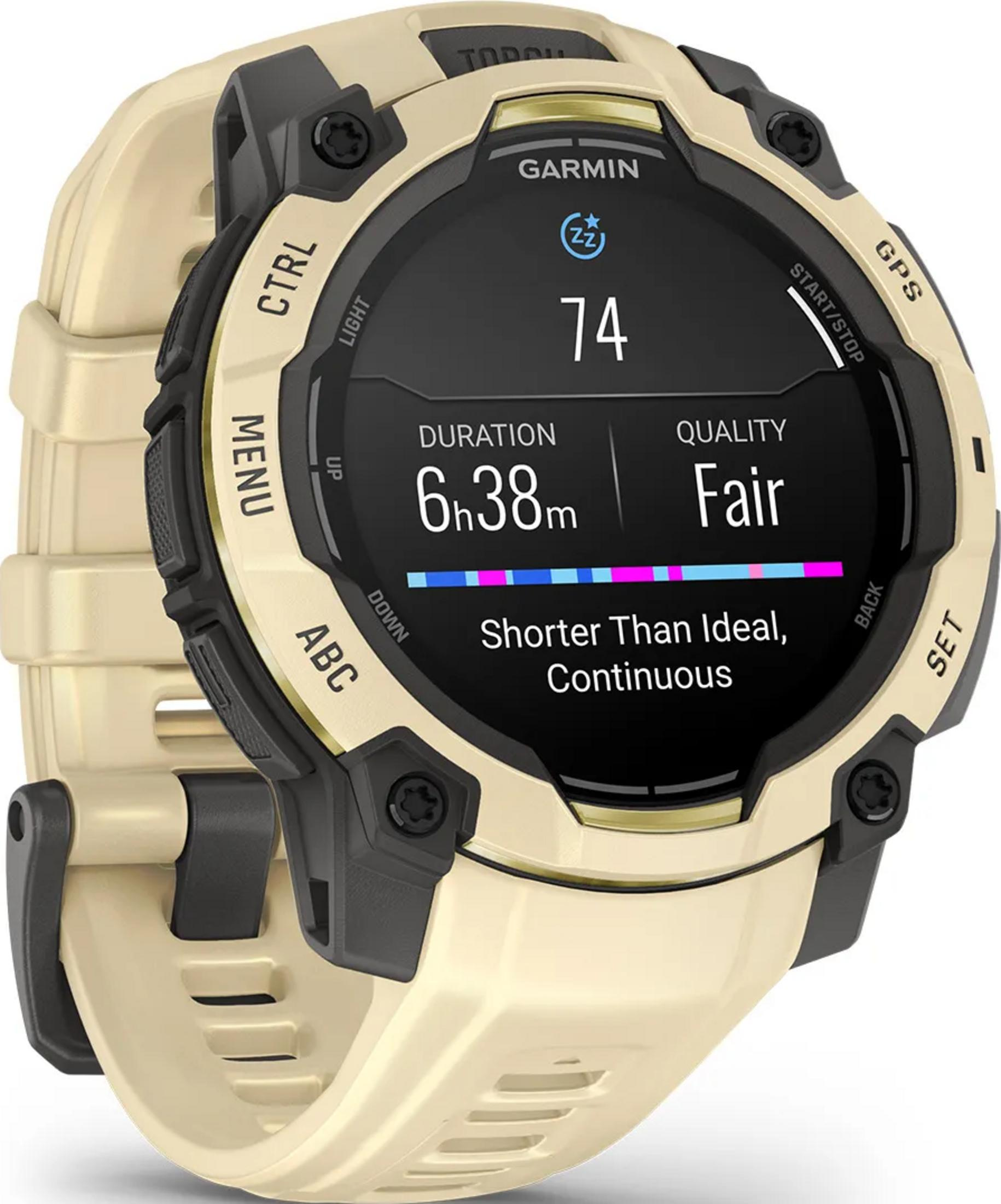 Orologio Garmin: Schermo nero mostra punteggio sonno 74, durata 6h38m, qualità Discreta.