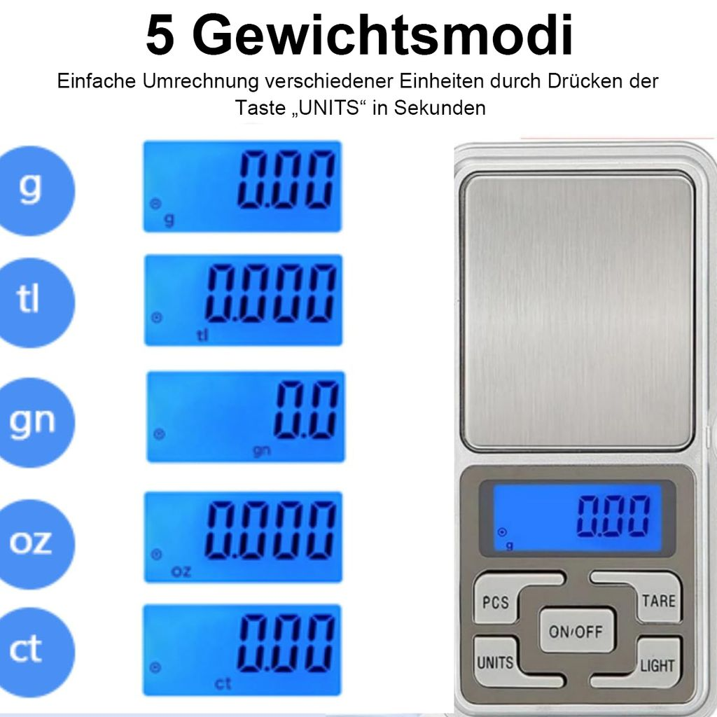 Digitale Waage mit 5 Wägemodi: g, tl, gn, oz, ct. Zeigt 0,00 auf dem Display.