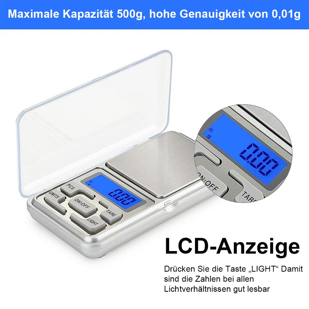 Eine digitale Waage mit blauem LCD-Display, das 0.00 anzeigt. Die Waage hat Tasten für Ein/Aus, Einheiten, Licht und Tare.