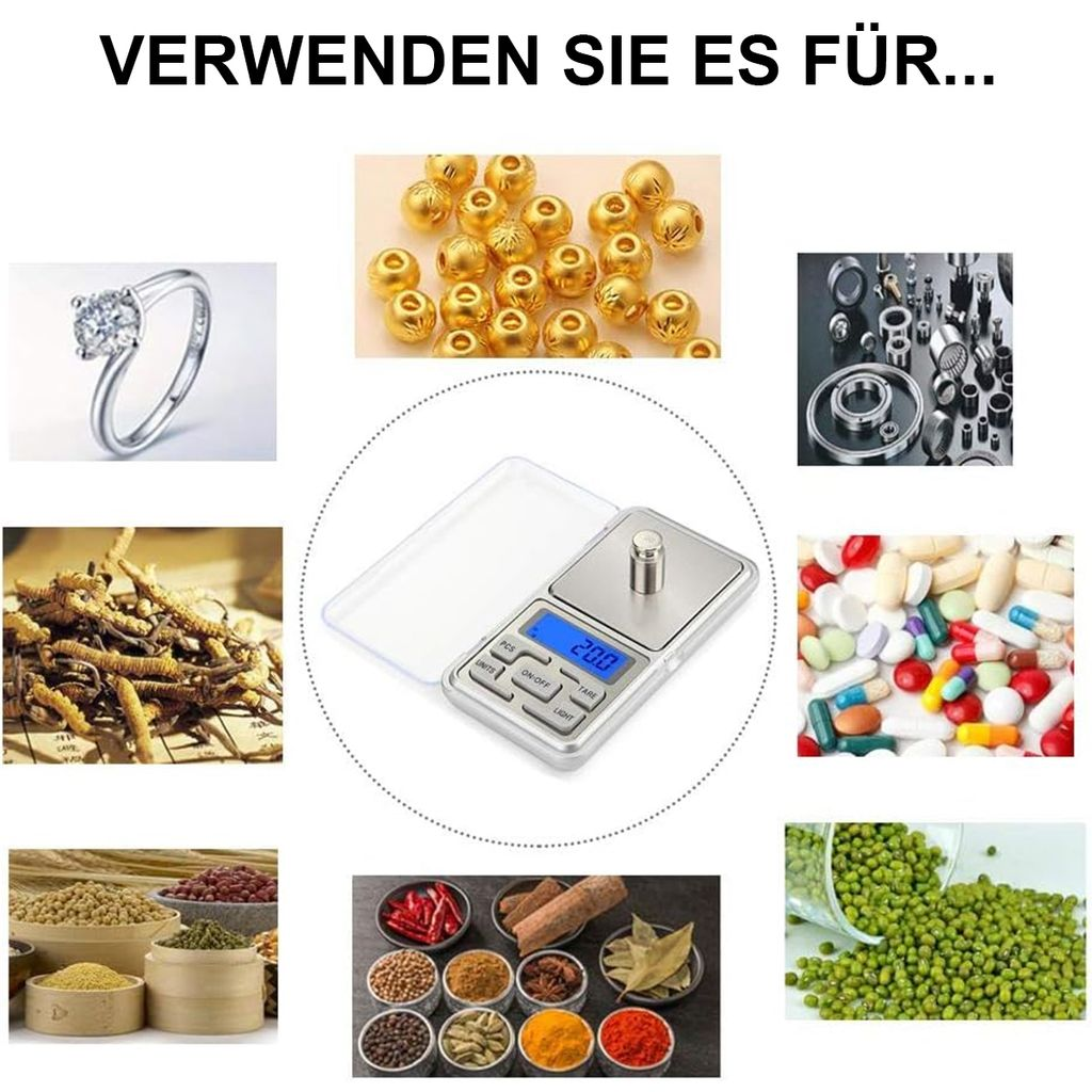 Collage von Artikeln: Ring, Goldperlen, Metallteile, Kräuter, Digitalwaage, Pillen, Körner, Gewürze, Mungobohnen.