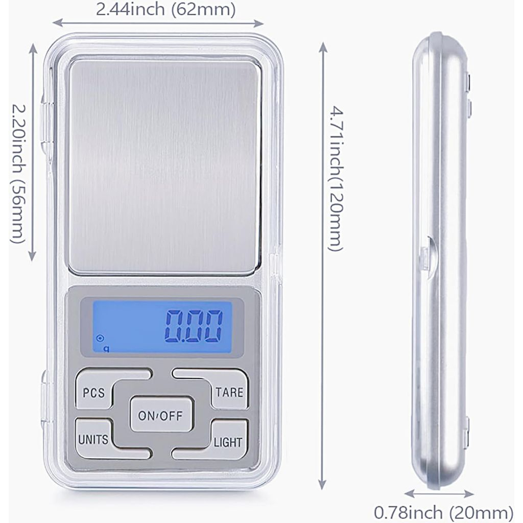 Kompakte digitale Waage mit silberner Wiegefläche und blauer LCD-Anzeige.