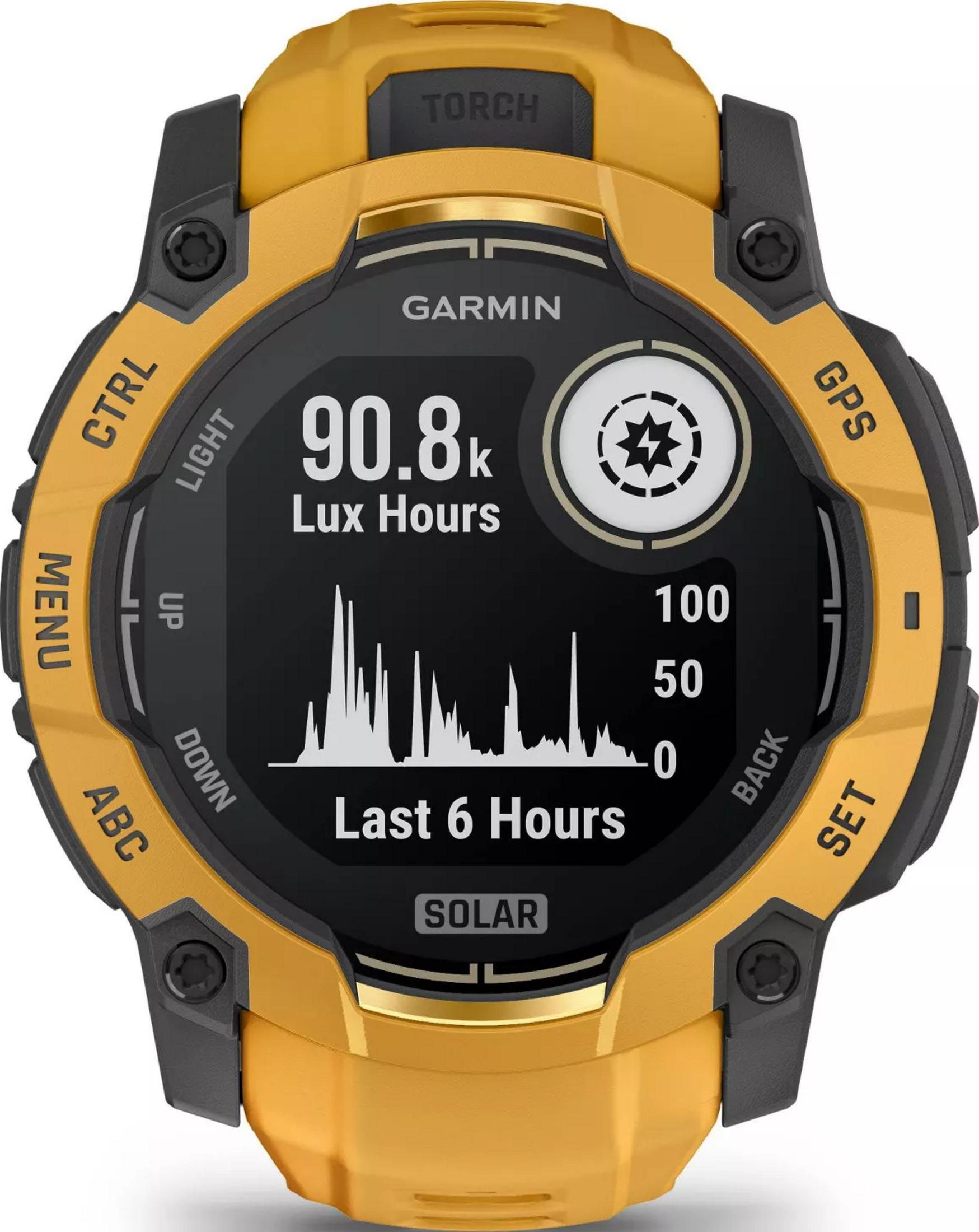 Gelbe Garmin-Smartwatch mit schwarzem Zifferblatt, zeigt "90.8k Lux Hours" an.