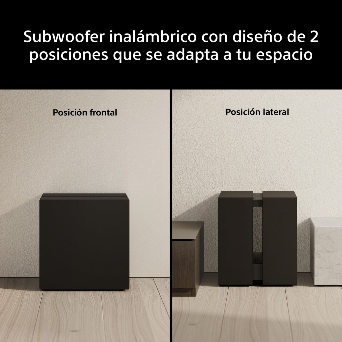 Schwarzer Subwoofer in Frontal- und Seitenposition vor einer Wand.