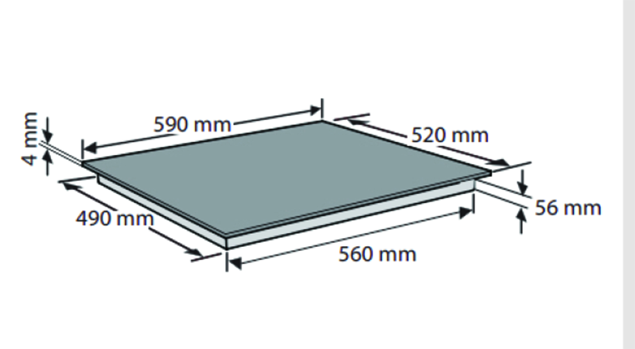 Graues Kochfeld mit Maßen: 590x520mm, Dicke 56mm, Ausschnitt 560x490mm.