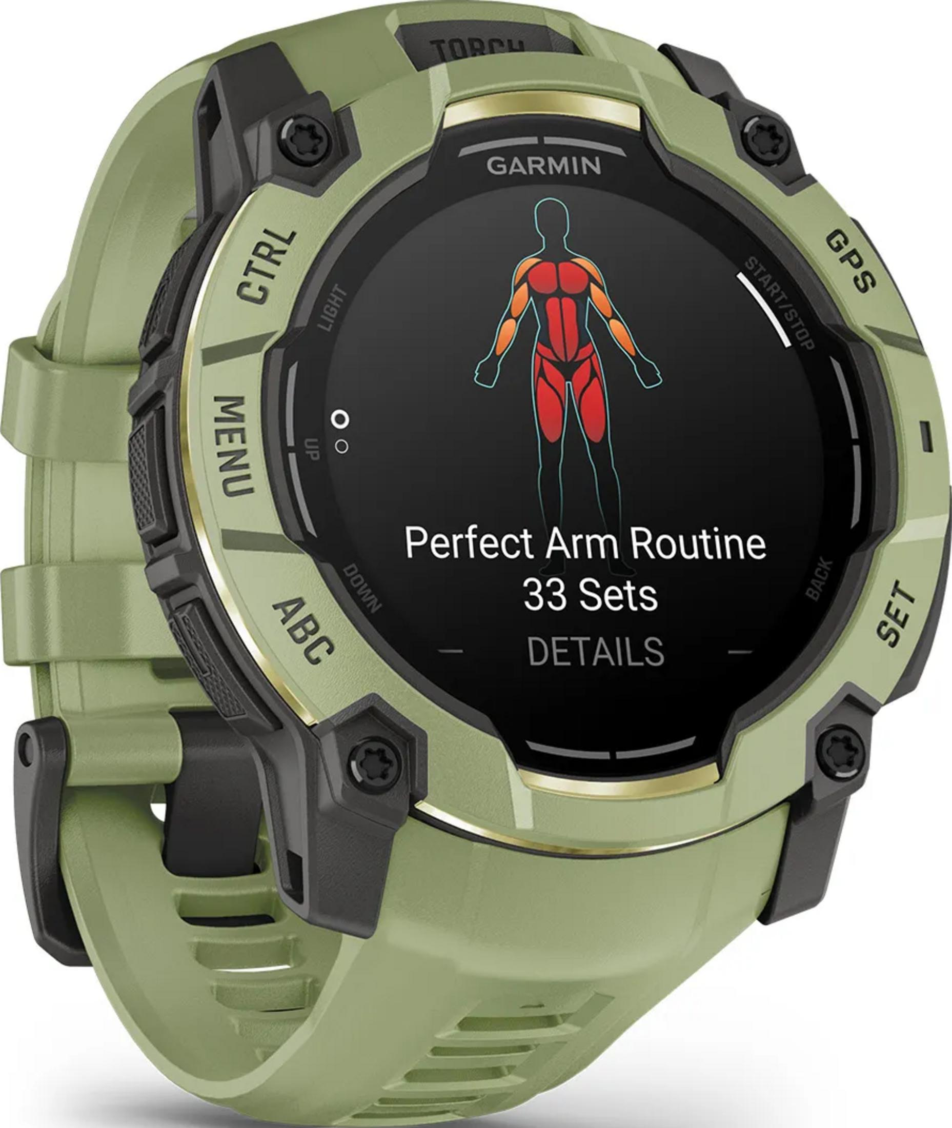Grüne Garmin Smartwatch mit Anzeige einer Armroutine und 33 Sätzen.