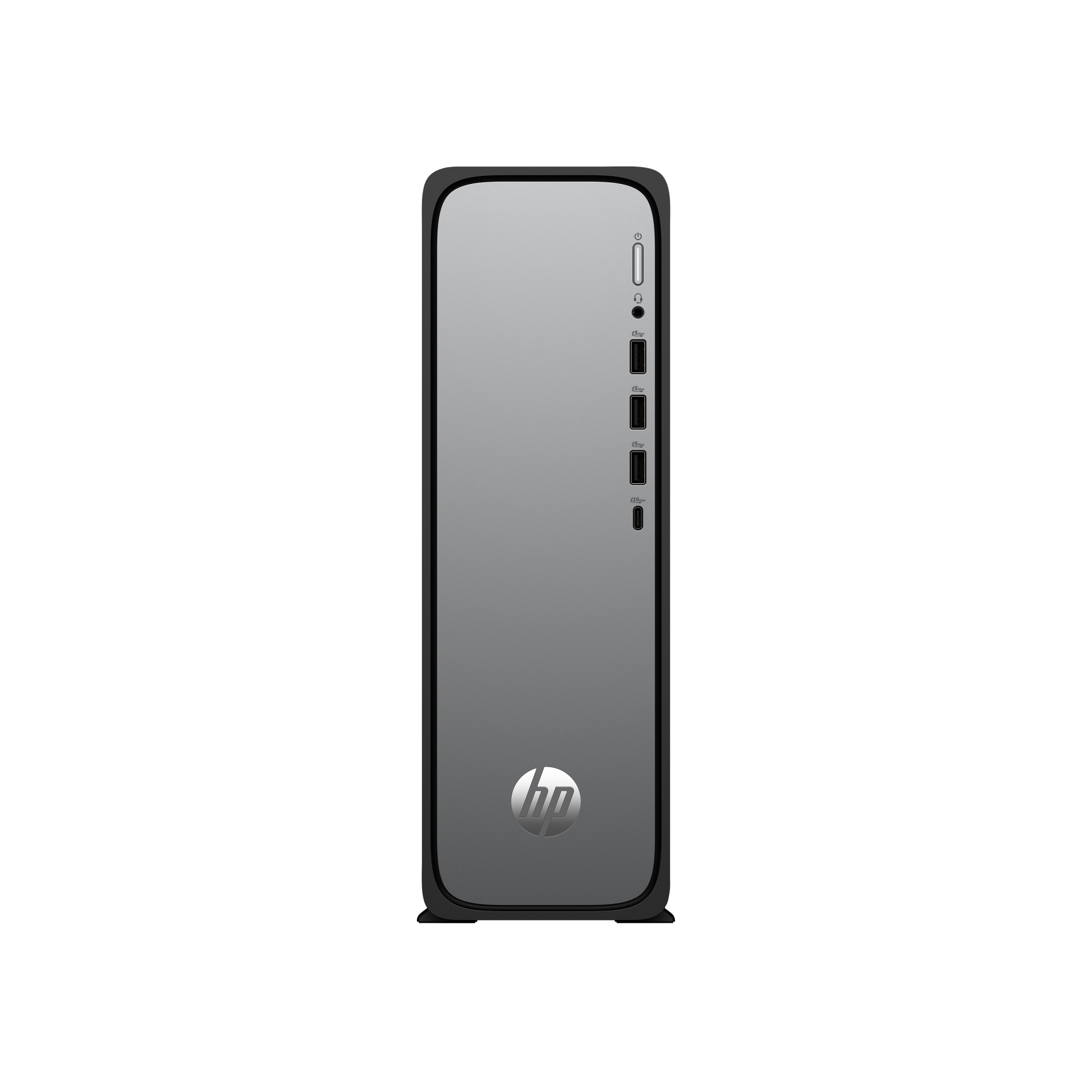 Ein schmaler, grauer HP Desktop mit Anschlüssen und Logo.