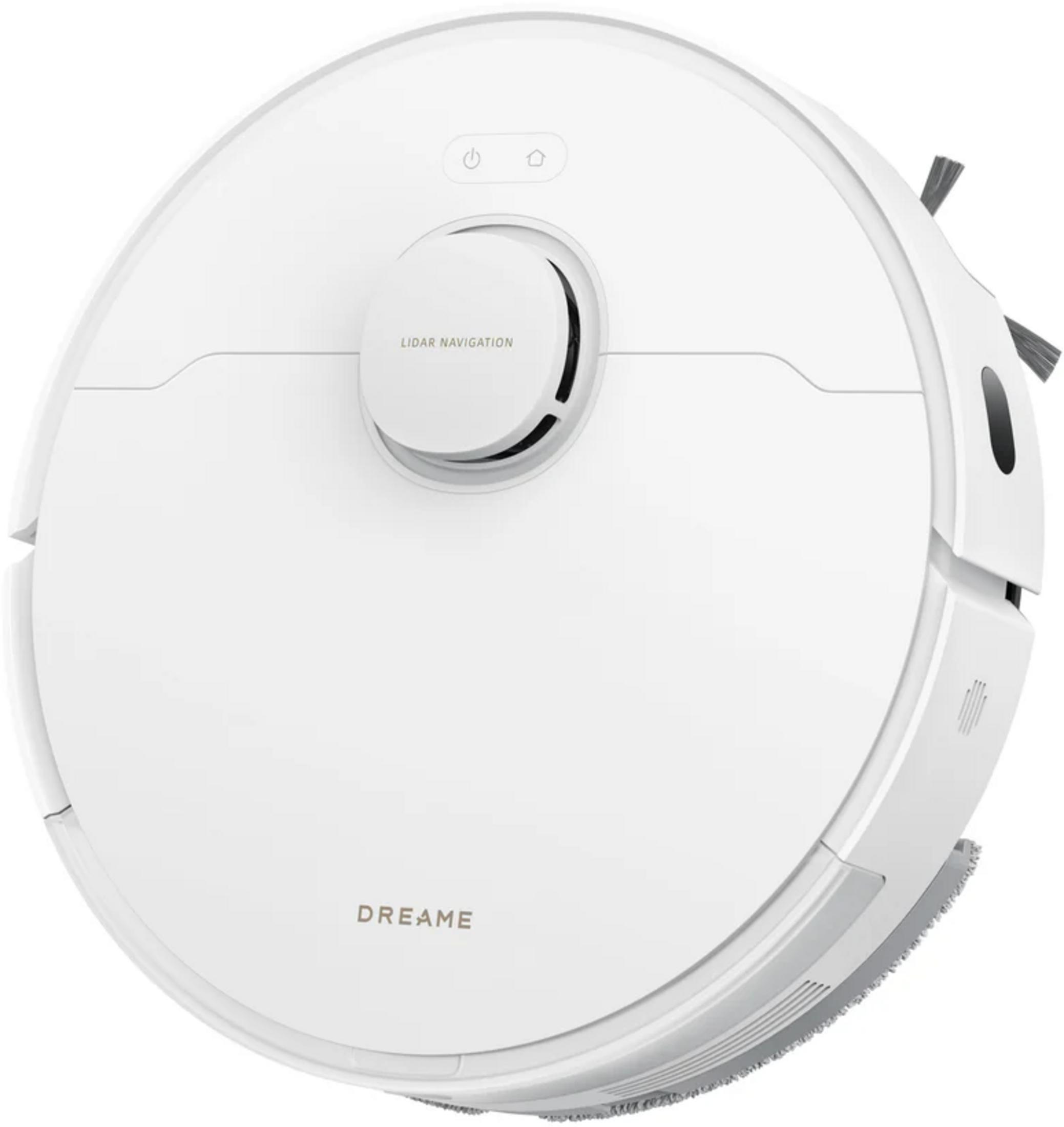 Un robot aspirapolvere bianco con navigazione lidar e spazzole.
