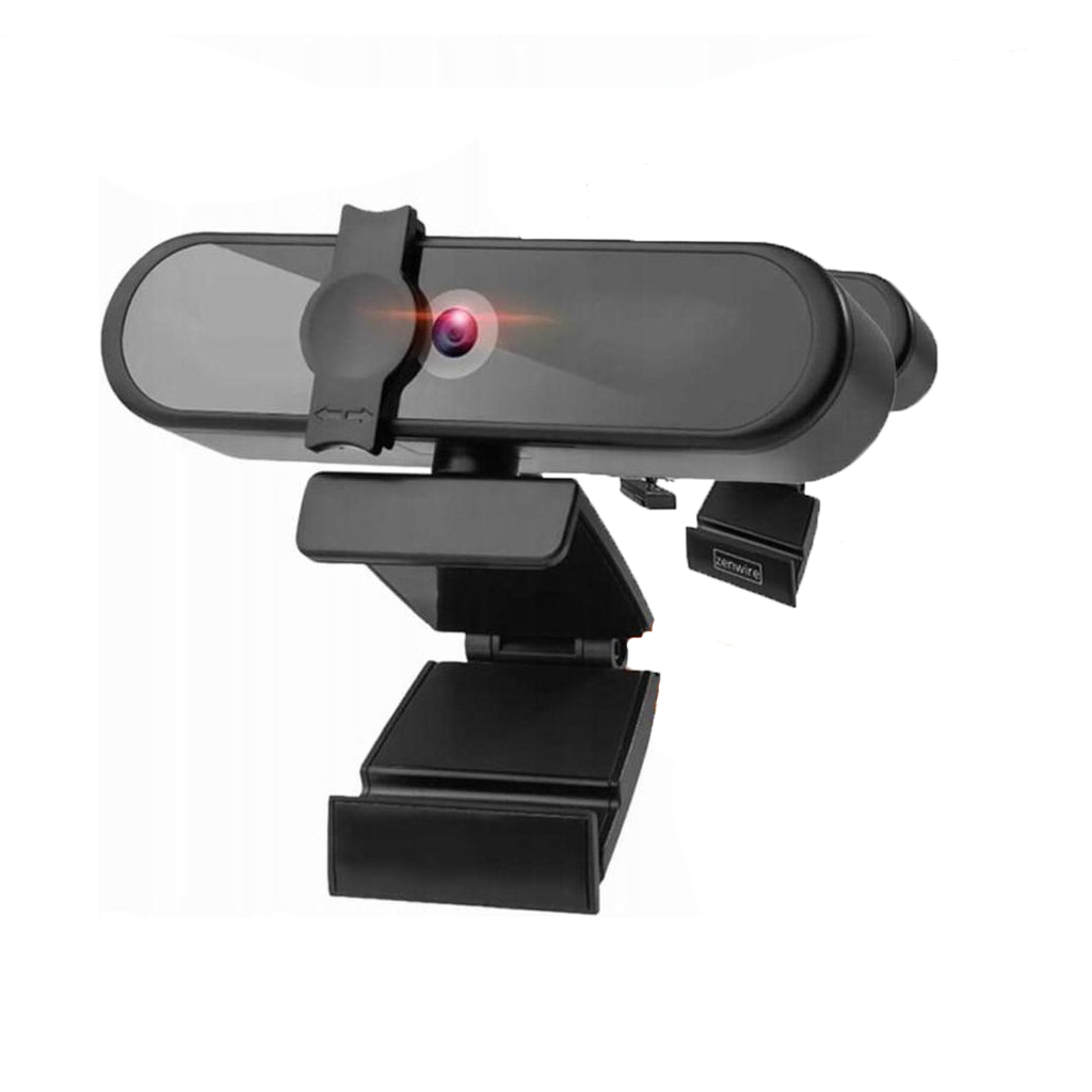 Eine schwarze Webcam mit flexibler Halterung und beleuchtetem Objektiv.