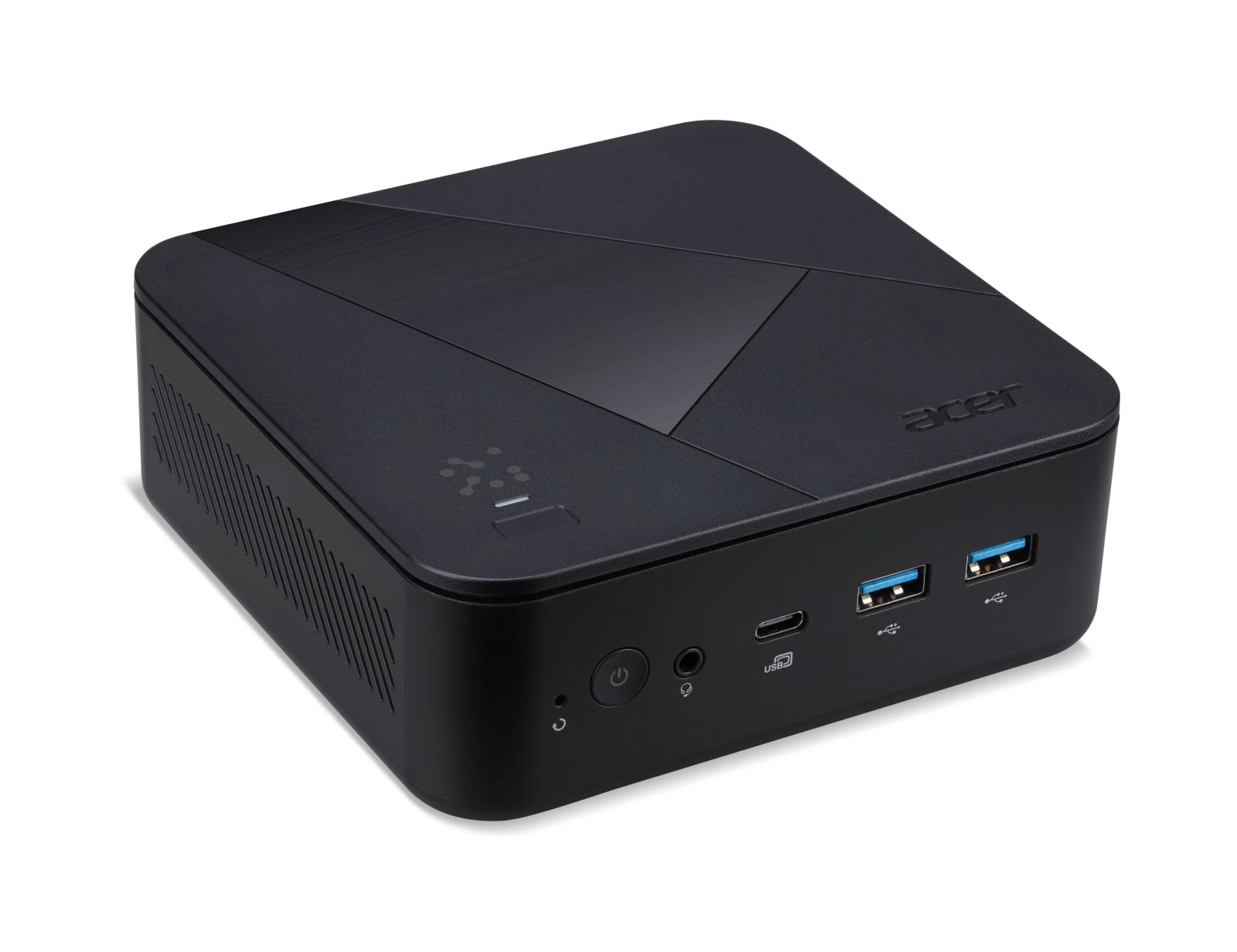 Un mini PC Acer nero con porte USB e pulsante di accensione frontali.