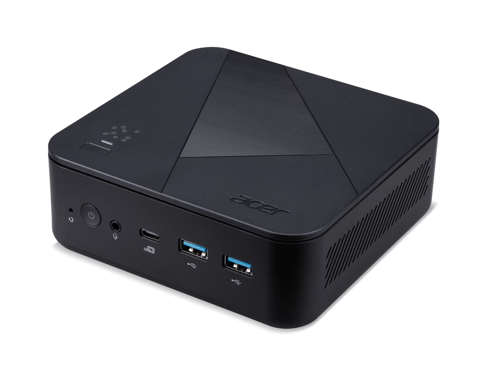 Mini PC Acer nero con porte USB, pulsante di accensione e prese d'aria.