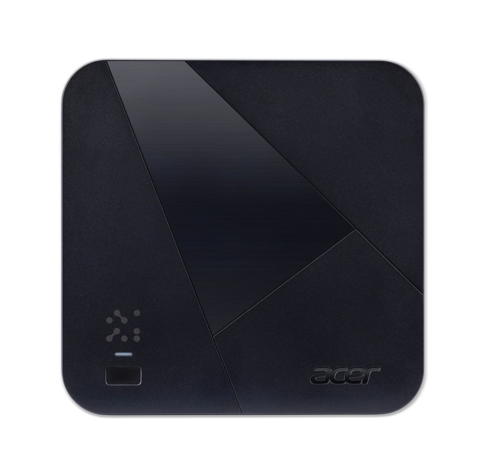 Dispositivo Acer nero con design geometrico e spie luminose.