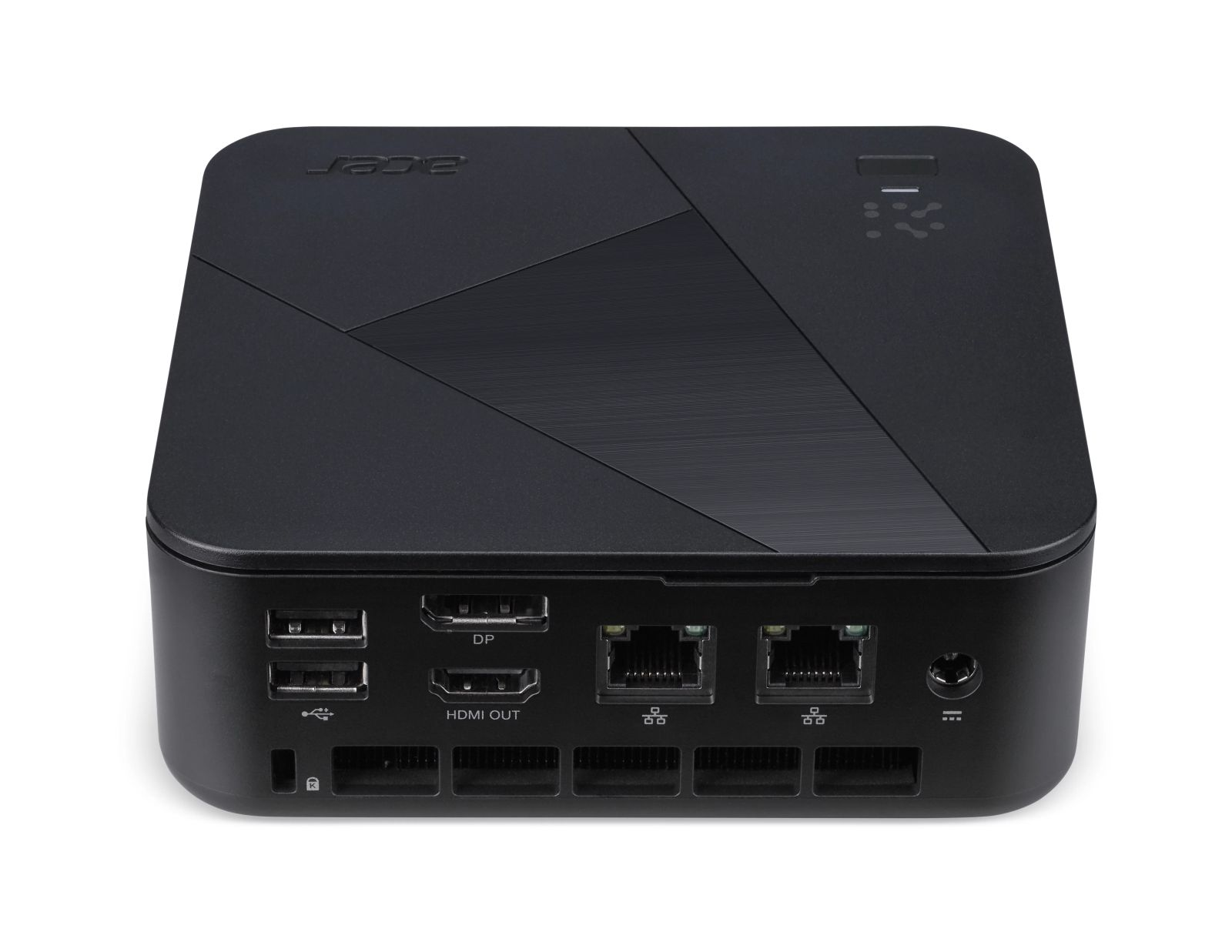 Mini PC Acer nero con porte USB, HDMI, DP ed Ethernet.