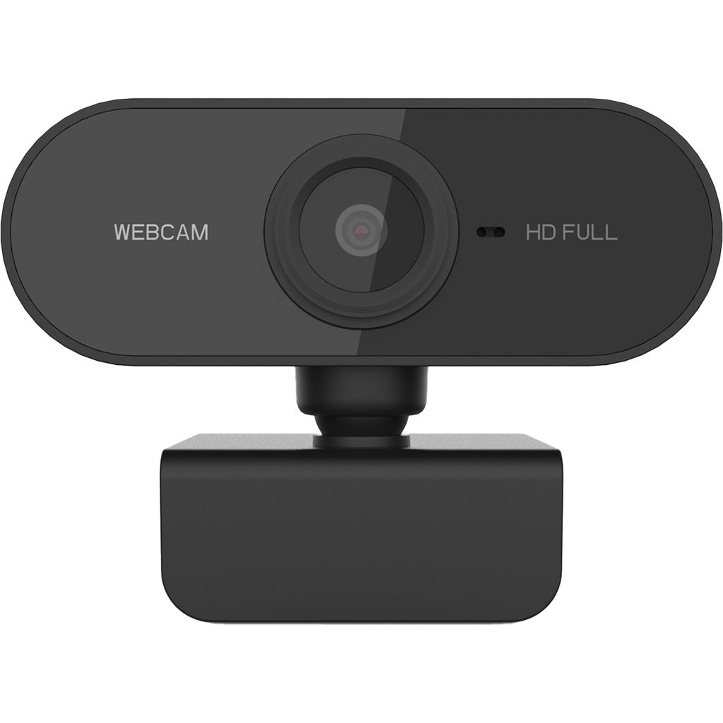 Eine schwarze Webcam mit einem Objektiv und zwei Lichtern, beschriftet mit 'WEBCAM' und 'HD FULL'.