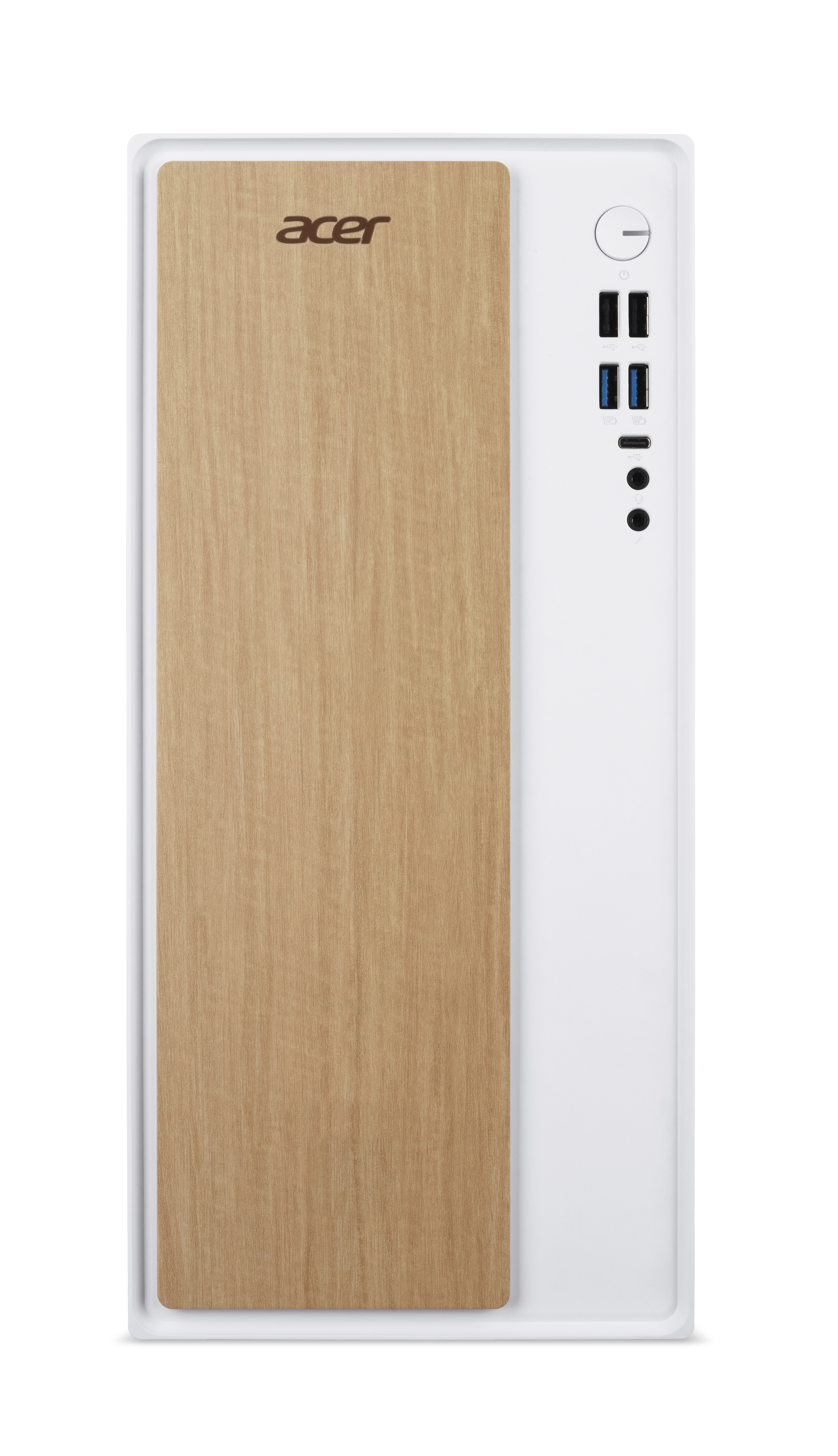 A white PC tower with a wood grain accent and USB ports.
