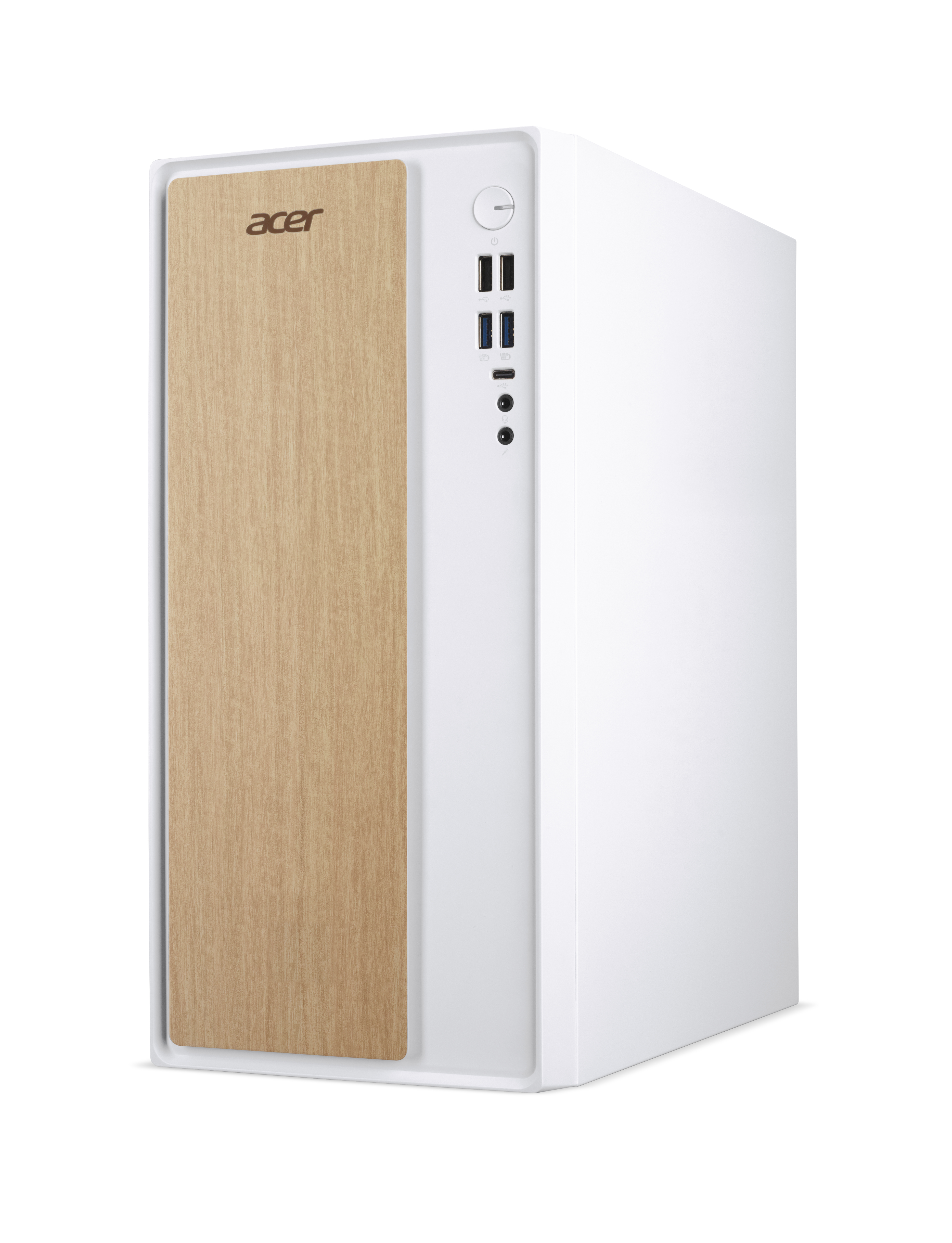 A white Acer PC with a wood-grain front panel and USB ports.