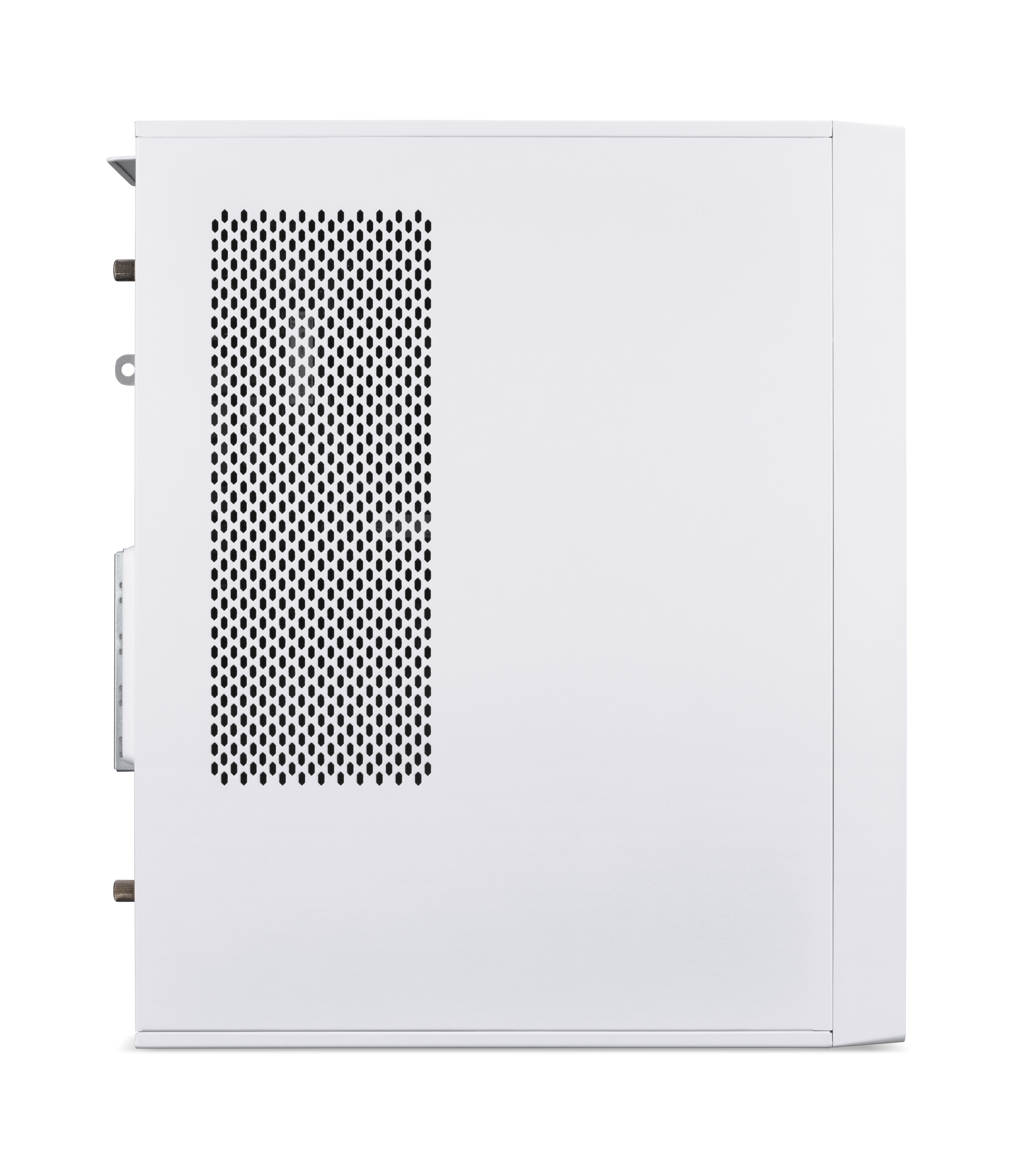 A white computer case with a ventilation grille on the left side.