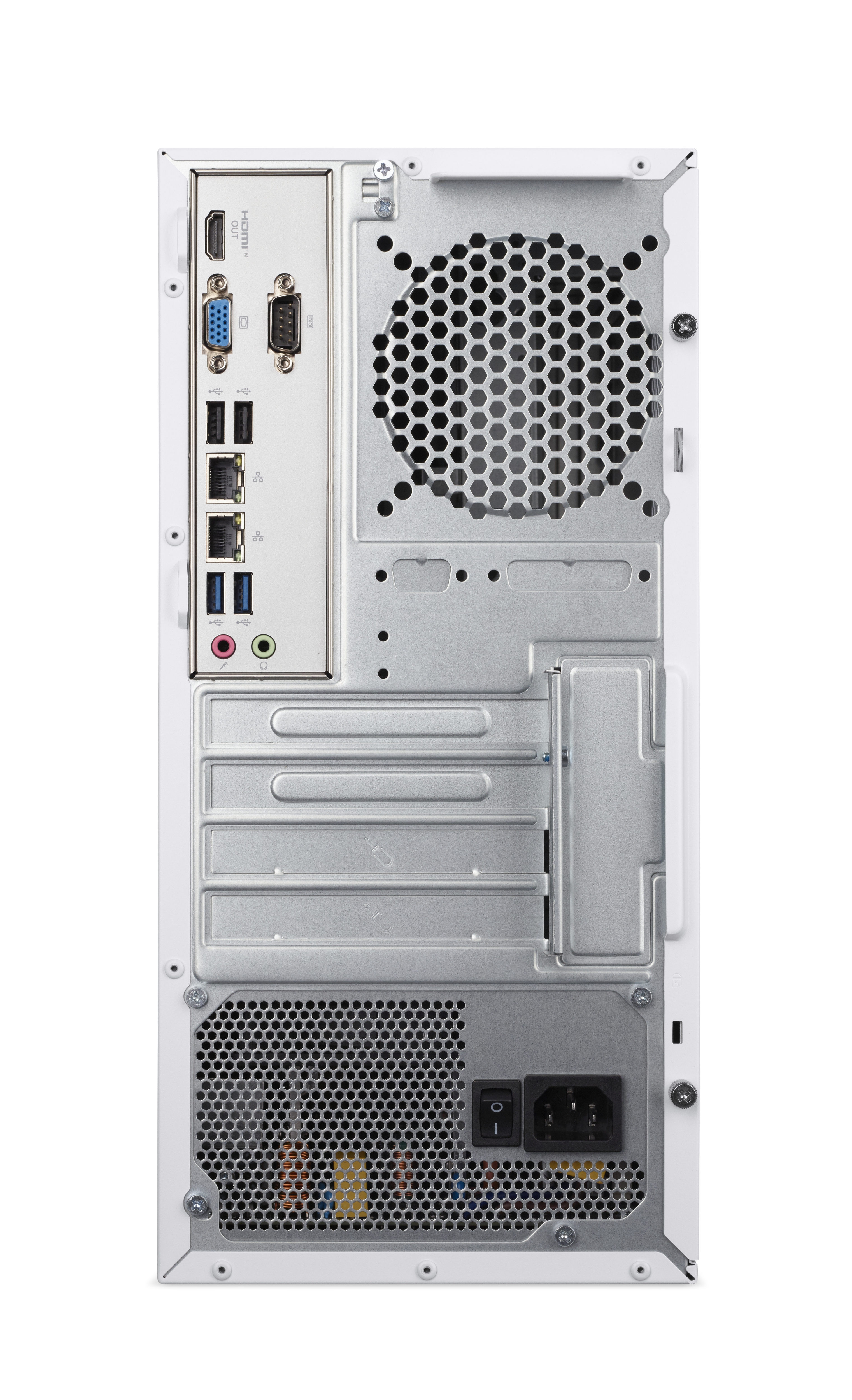 Rear of a white PC showing ports: HDMI, VGA, USB, Ethernet, and power.