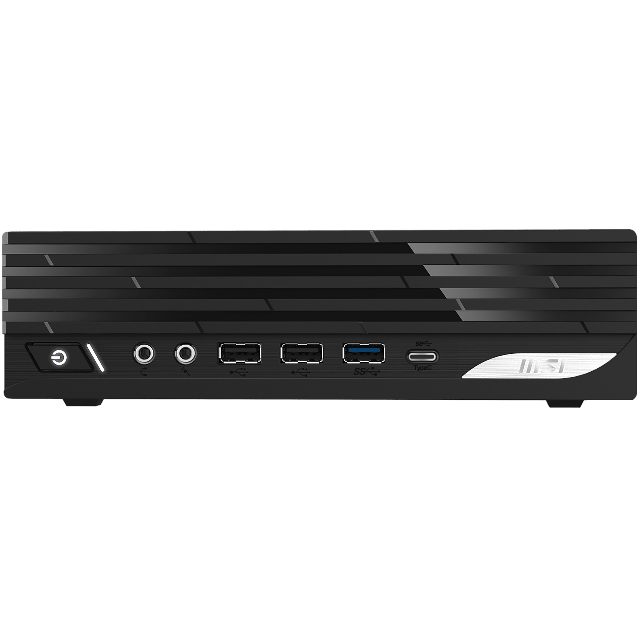 Zwarte mini-pc met aan/uit-knop, audiostekkers, USB-poorten en MSI-logo.