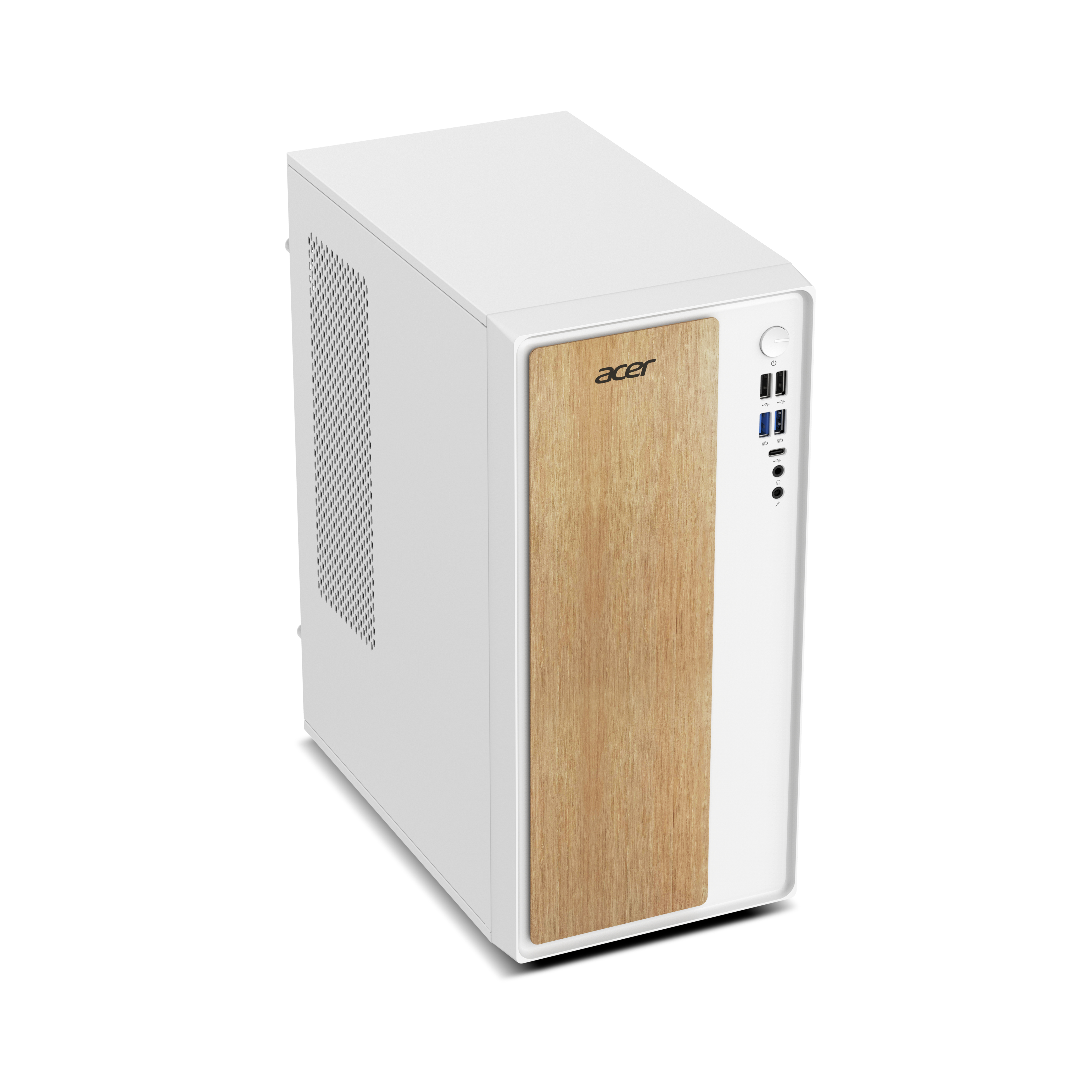 A white Acer PC tower with a wood front panel and ports.