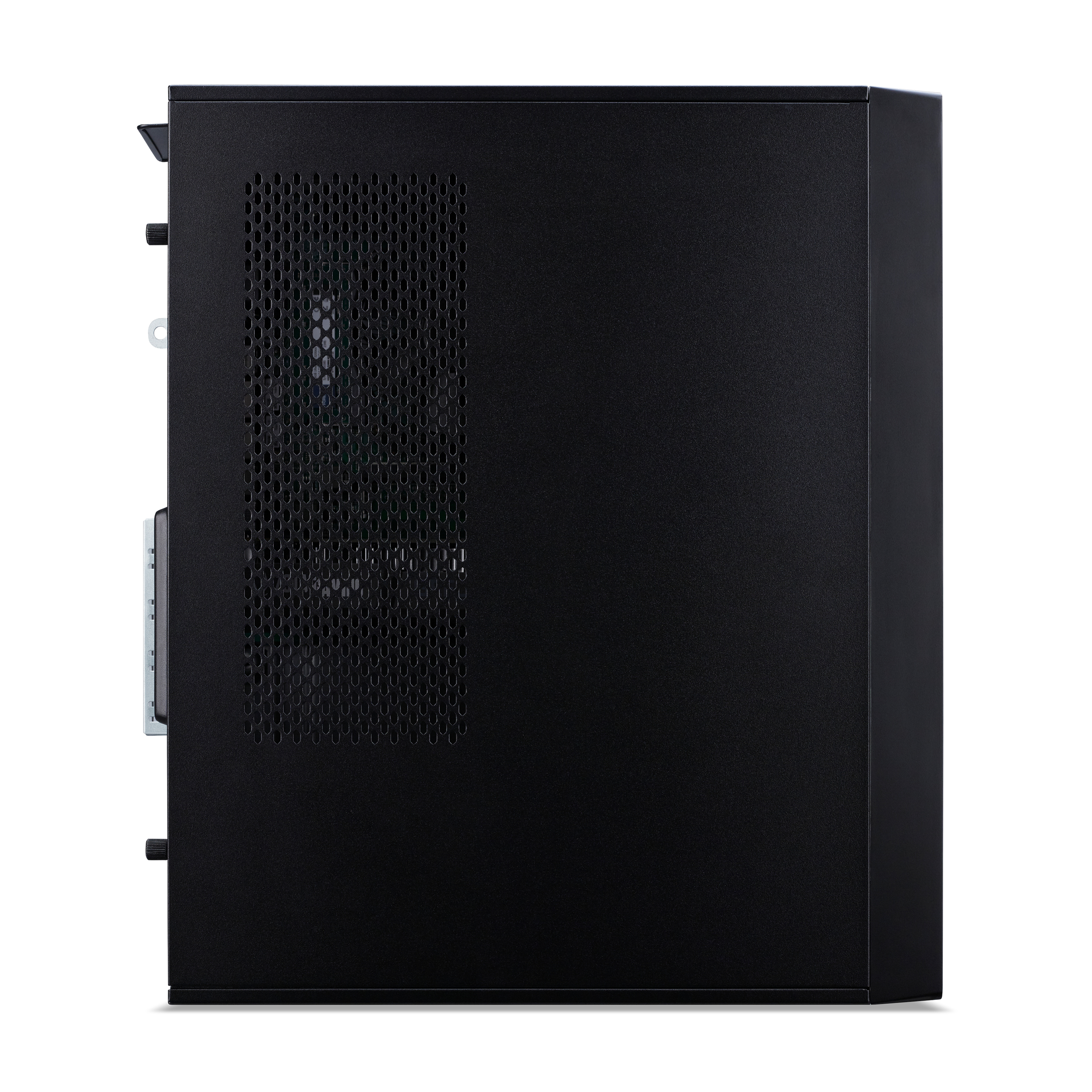 Black computer case shown from the side, with a ventilation grille on the front.