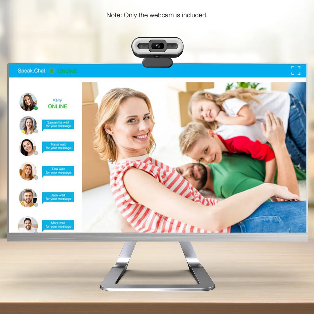 Webcam auf Monitor zeigt Video-Chat mit Familie. Hinweis: Webcam inkl.