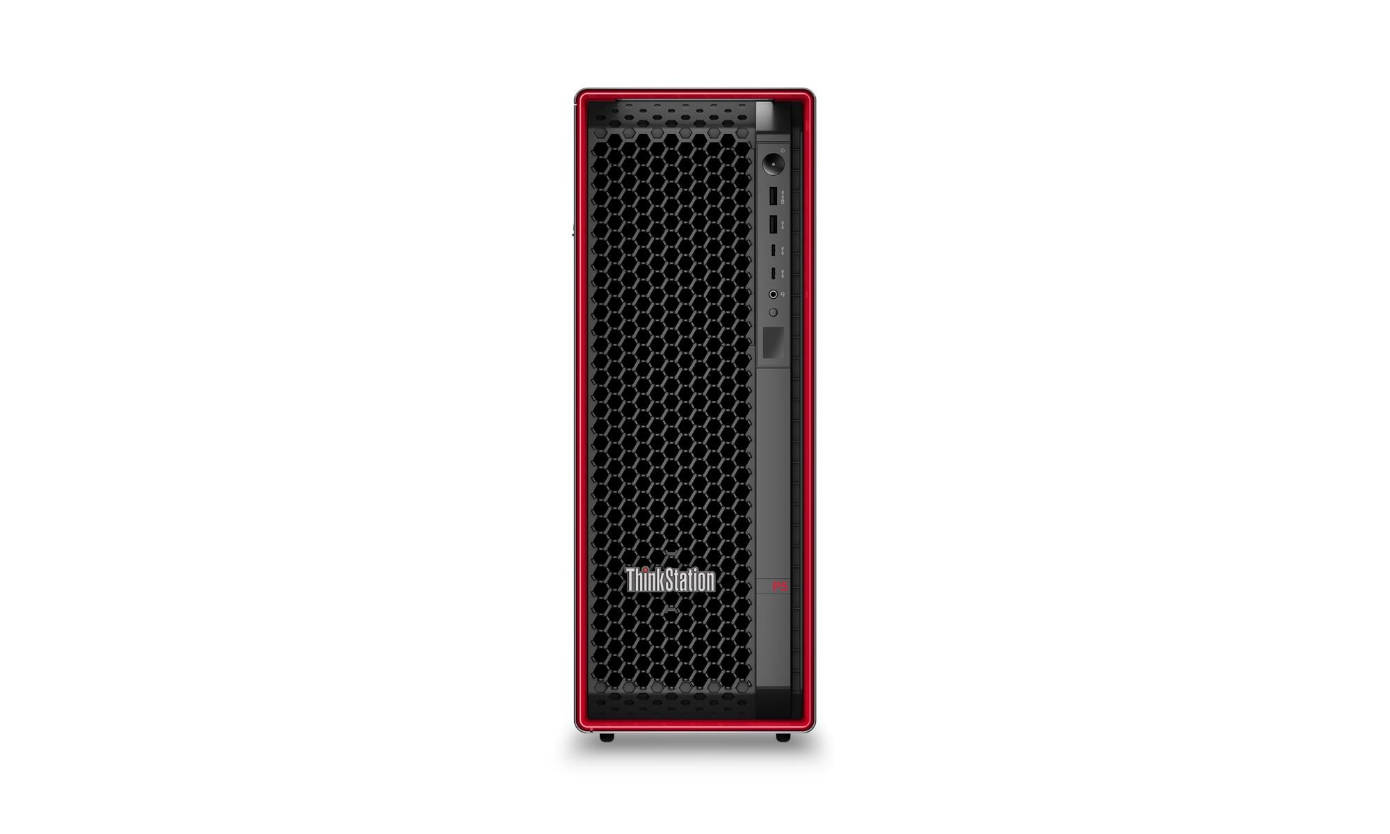 Un PC ThinkStation rosso con griglia frontale a nido d'ape e porte.