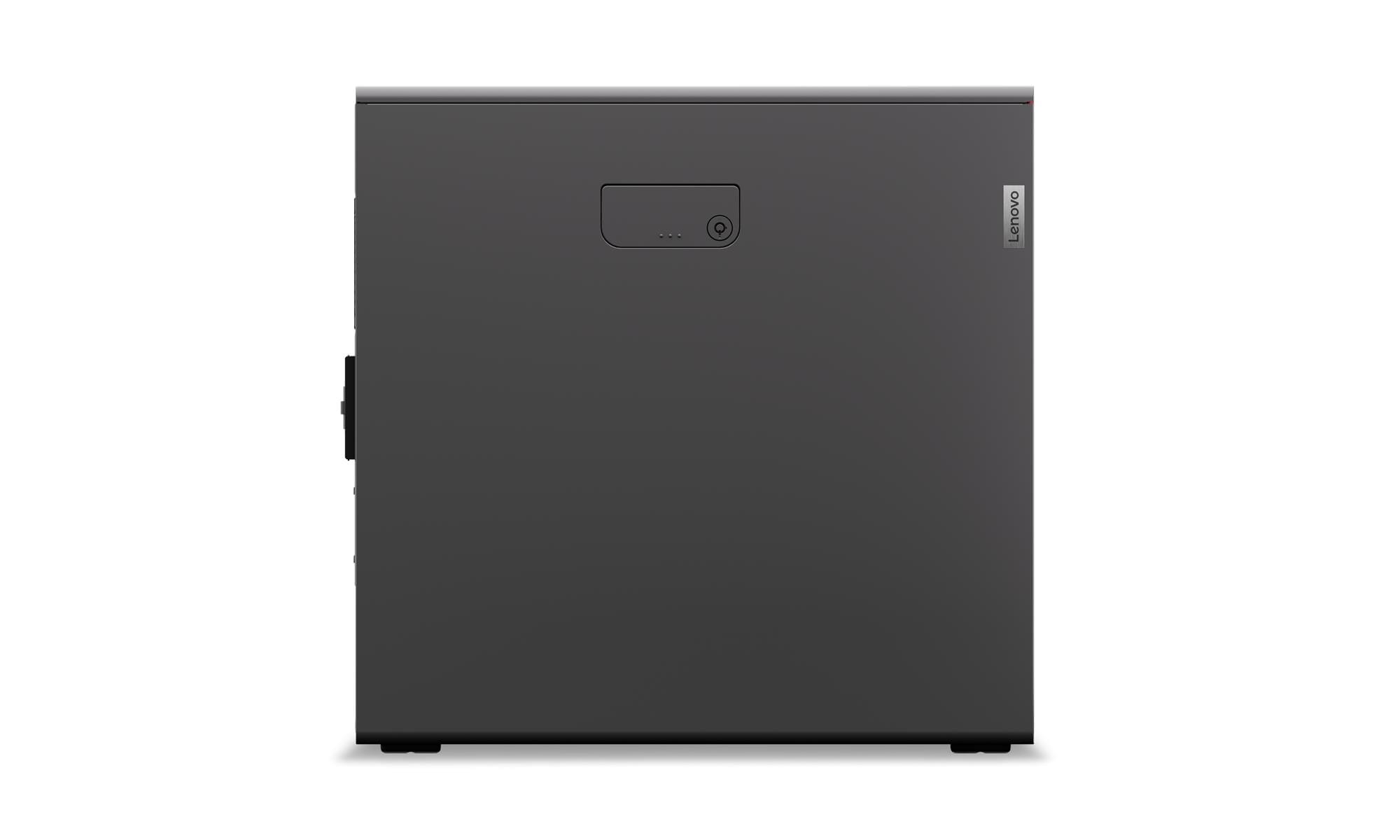 Un PC tower Lenovo scuro con pulsante di accensione e indicatori.
