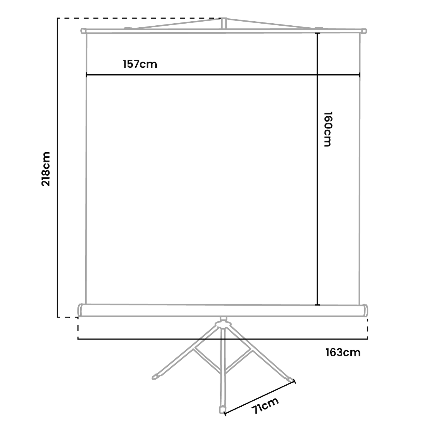 Projectiescherm met statief, afmetingen: 218x157x160cm, breedte onderkant 163cm.