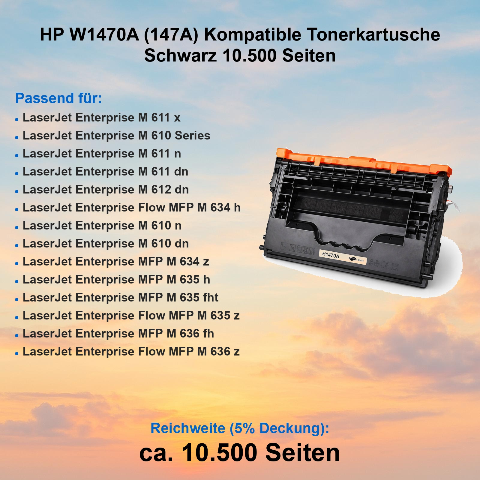 Schwarze HP W1470A Tonerkartusche, 10.500 Seiten Reichweite.