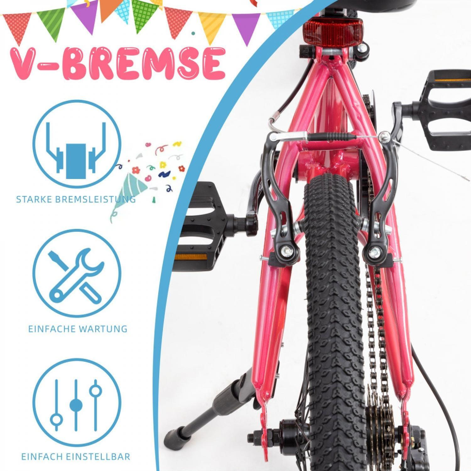 Rotes Fahrrad mit V-Bremse, Kette und Pedal. Grafiken zeigen starke Bremsleistung.