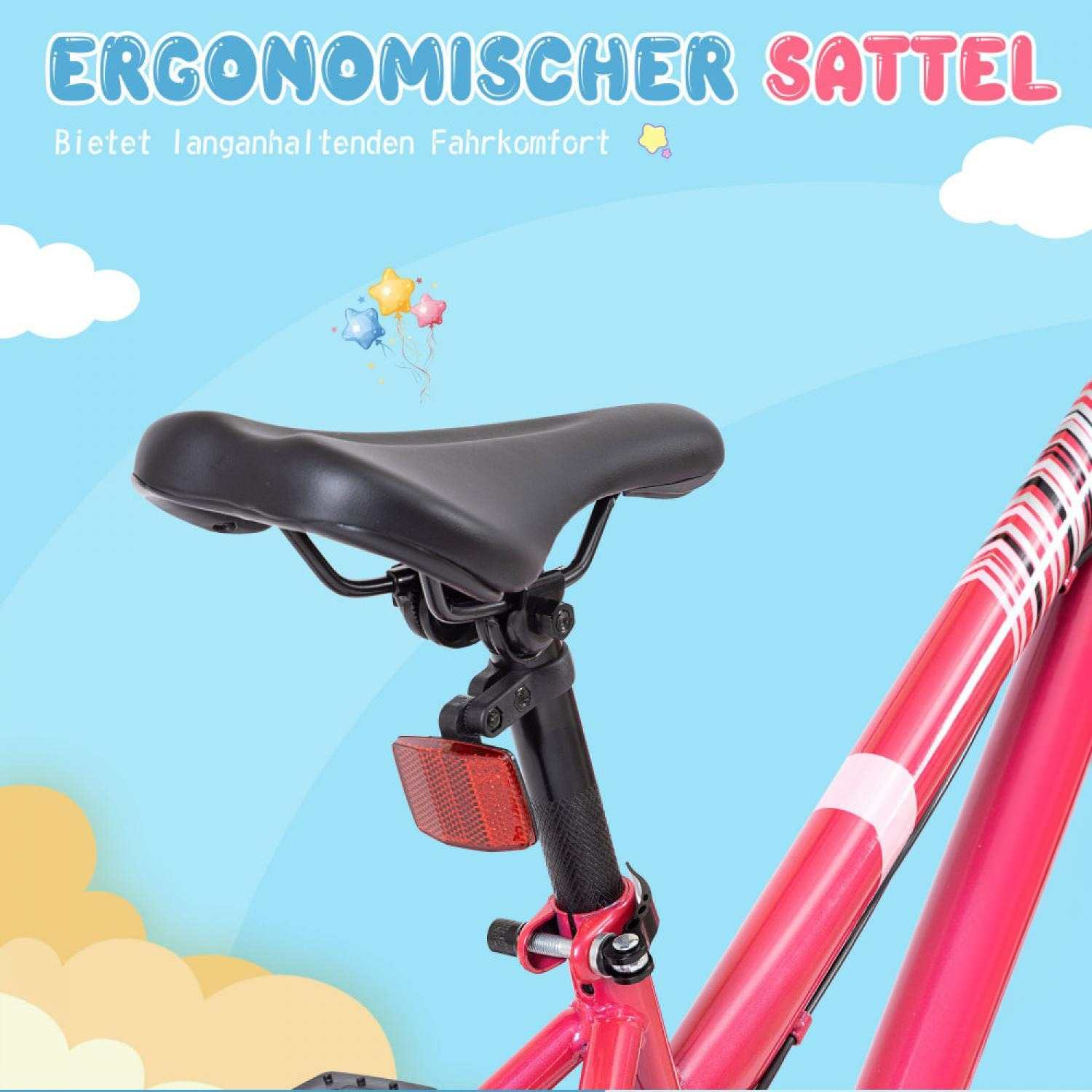 Schwarzer Fahrradsattel mit rotem Reflektor und pinkem Rahmen.