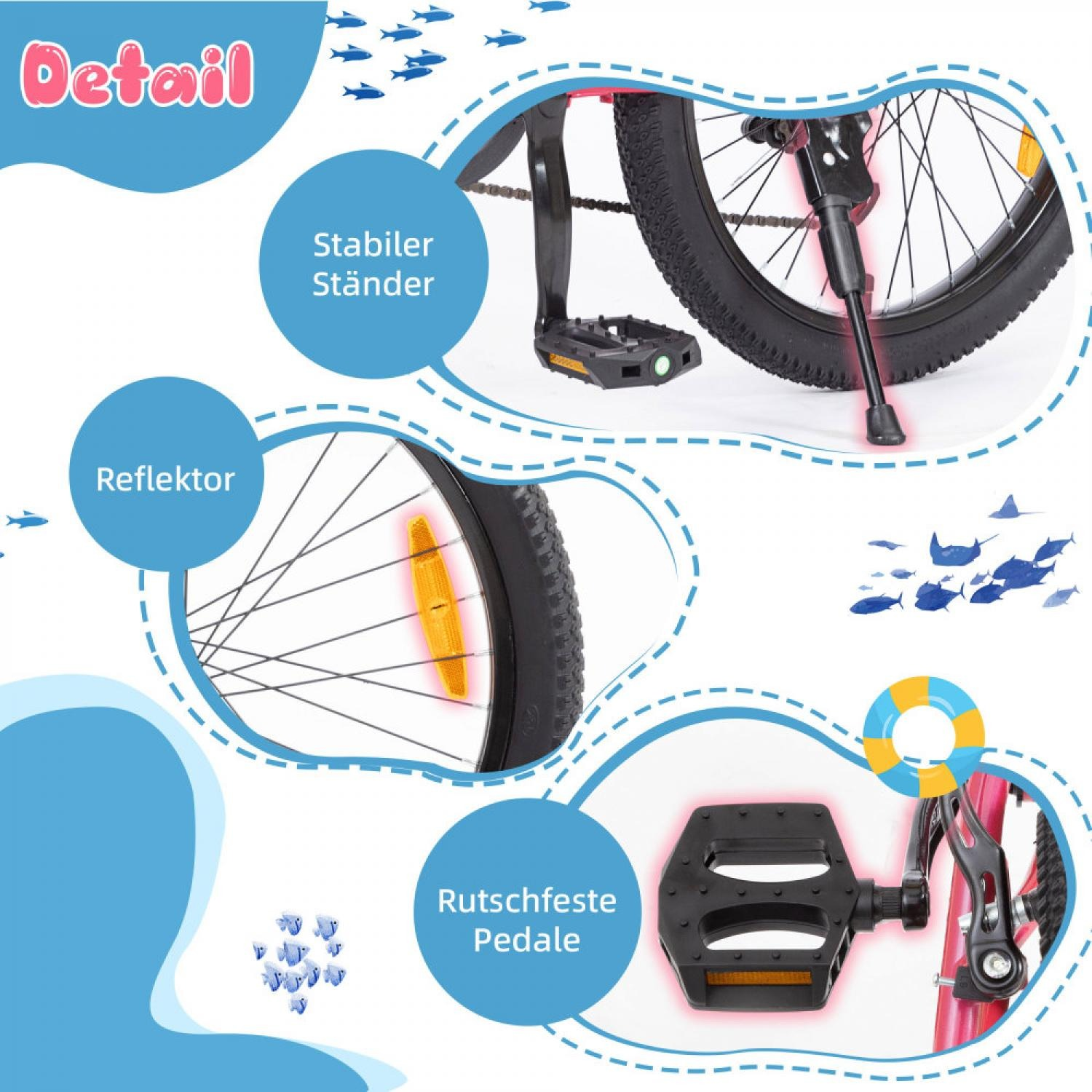 Nahaufnahme eines Fahrrads mit Details wie Ständer, Reflektor und Pedal.