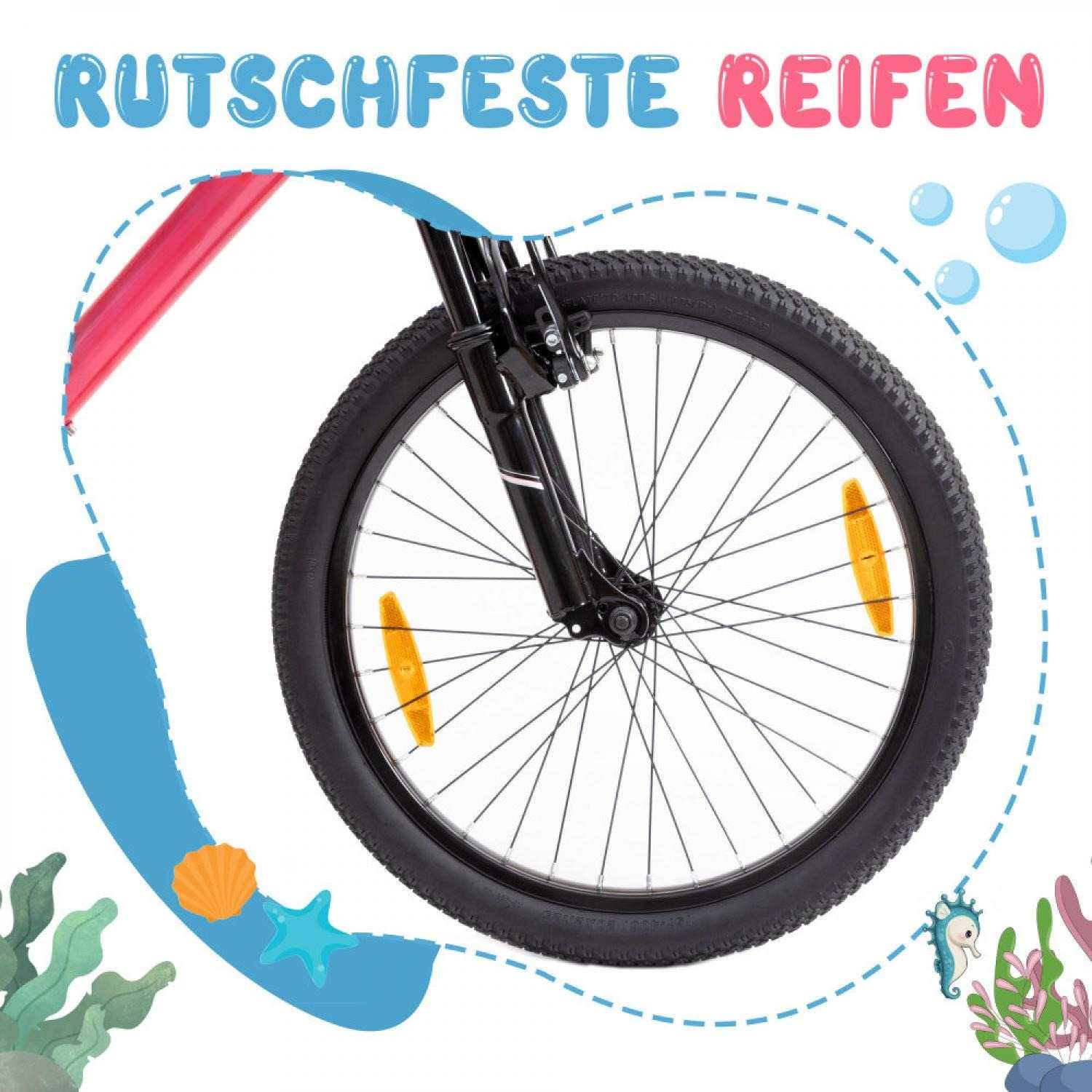 Nahaufnahme eines Fahrradrads mit orangefarbenen Reflektoren und Meerestieren.