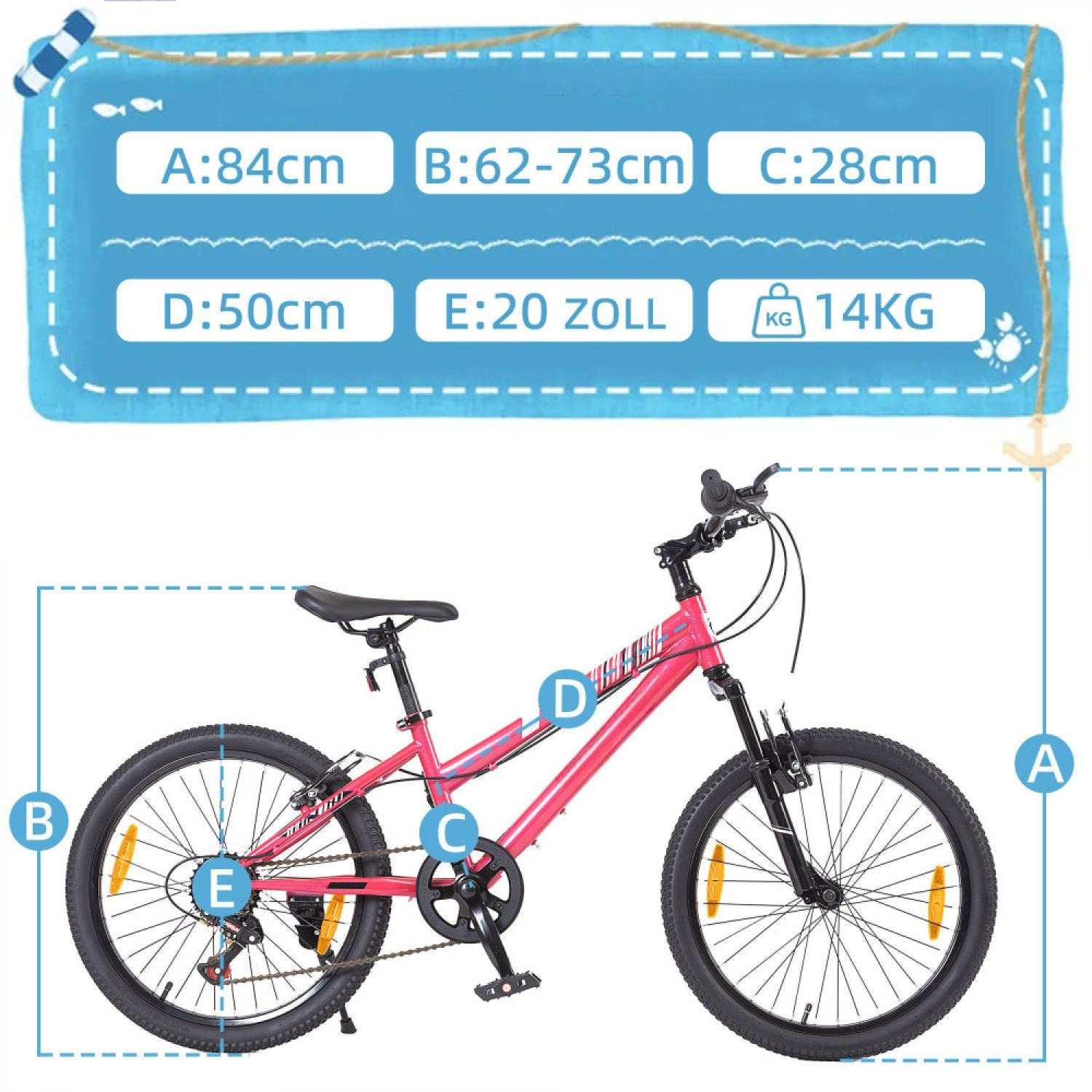 Ein pinkes Kinderfahrrad mit Größenangaben: A:84cm, B:62-73cm, C:28cm, D:50cm, E:20 Zoll, 14kg.