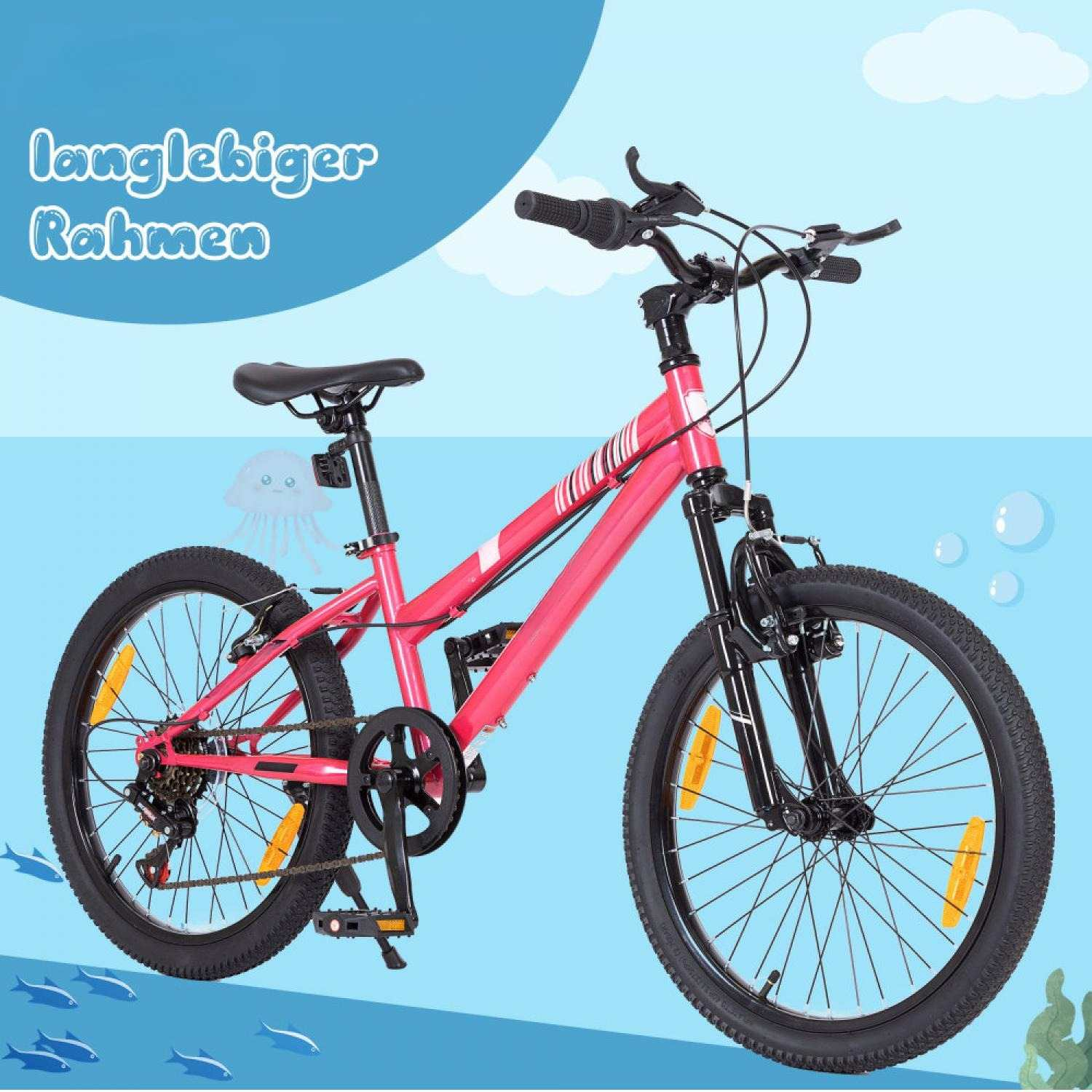 Ein pinkes Kinderfahrrad mit schwarzen Reifen und Felgen steht vor blauem Hintergrund mit Fischen.