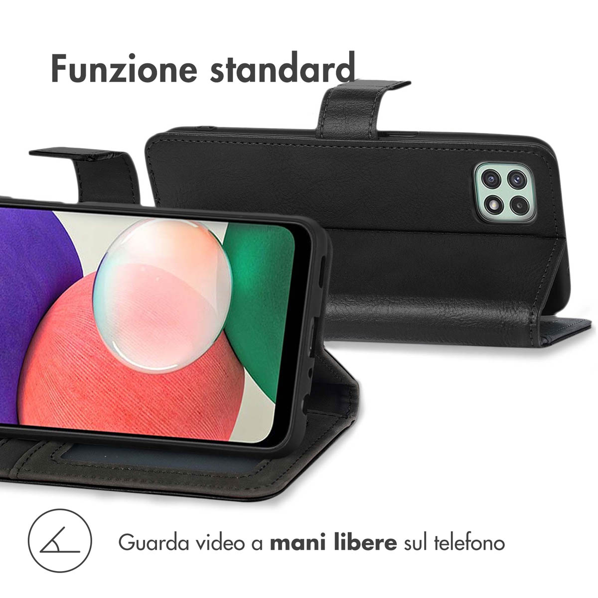 Een zwart telefoonhoesje in geopende staat, met een telefoon die een handsfree kijkfunctie toont.