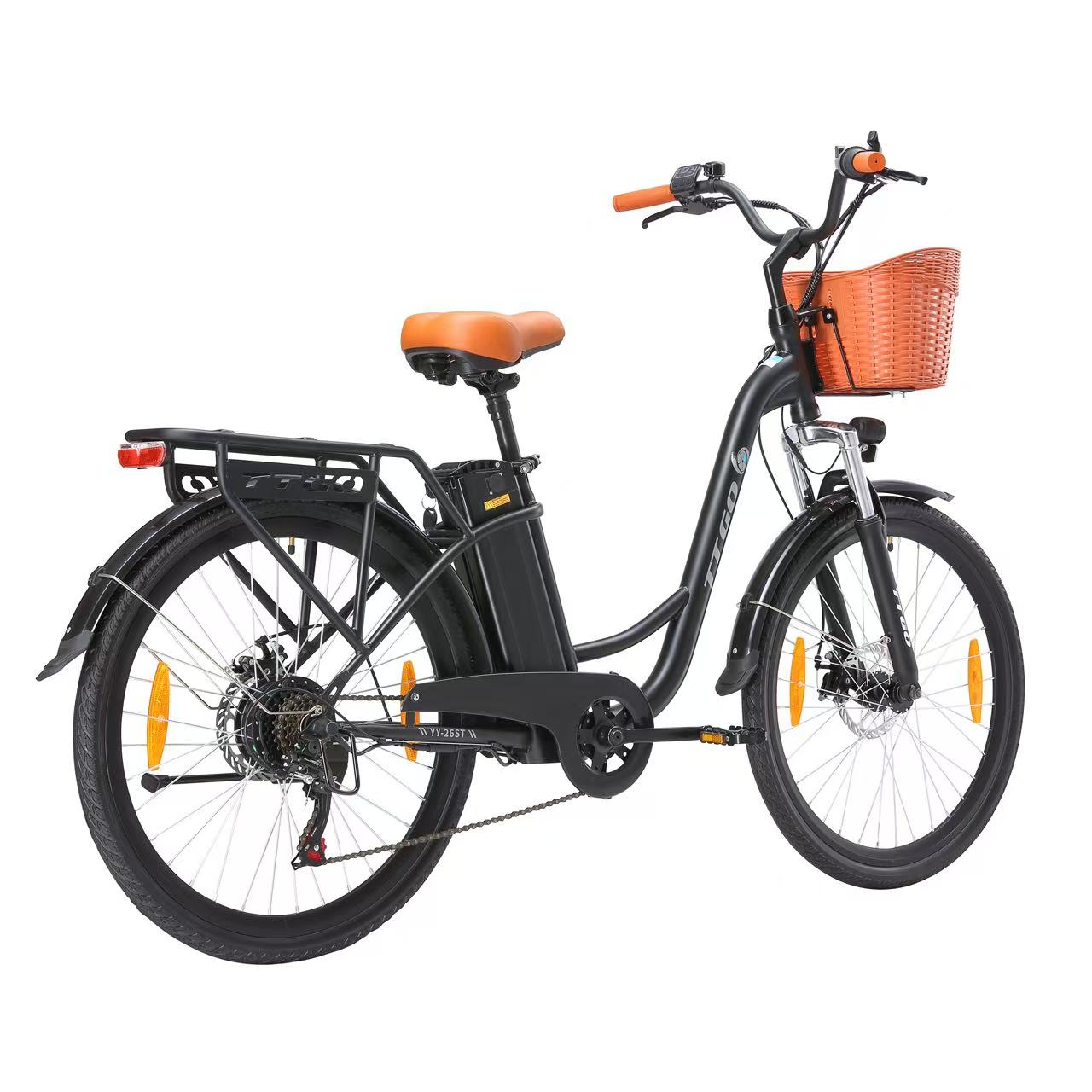 Ein schwarzes E-Bike mit orangefarbenem Sattel, Lenkergriff und Korb.