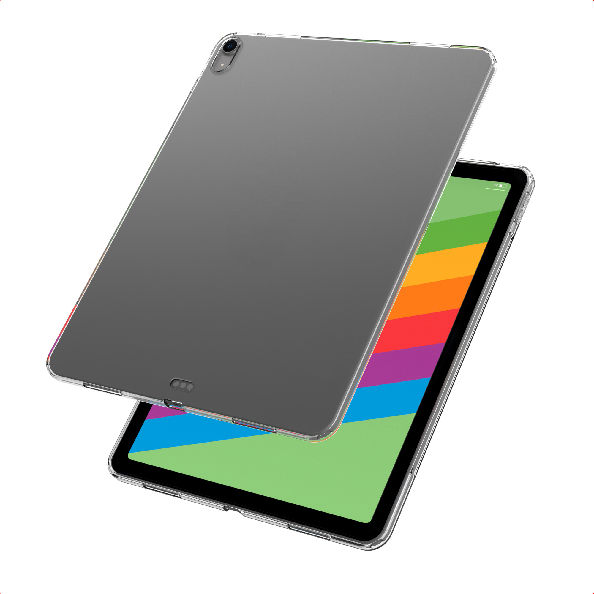 Two clear tablet cases with colorful screens are stacked on top of each other.