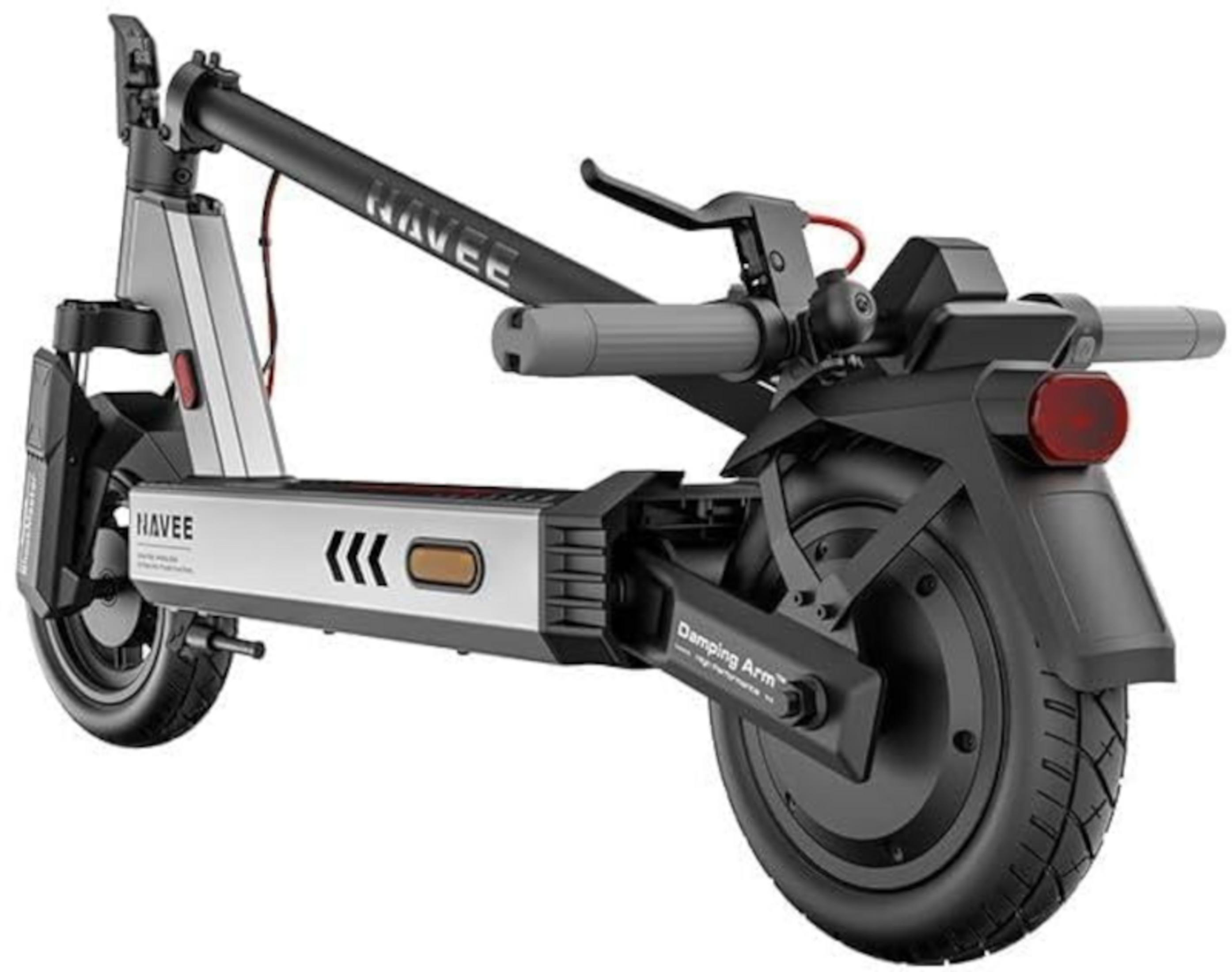 Ein silberner und schwarzer E-Scooter mit gefalteten Griffen und roten Bremshebeln.