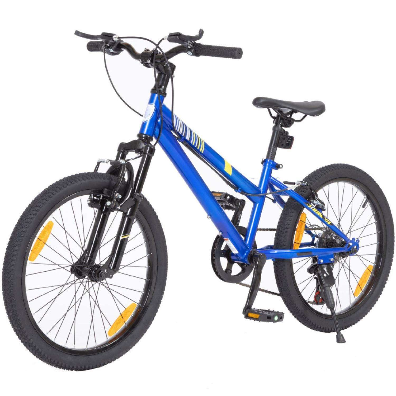 Ein blaues Fahrrad mit schwarzen Reifen, Felgen und Lenker.