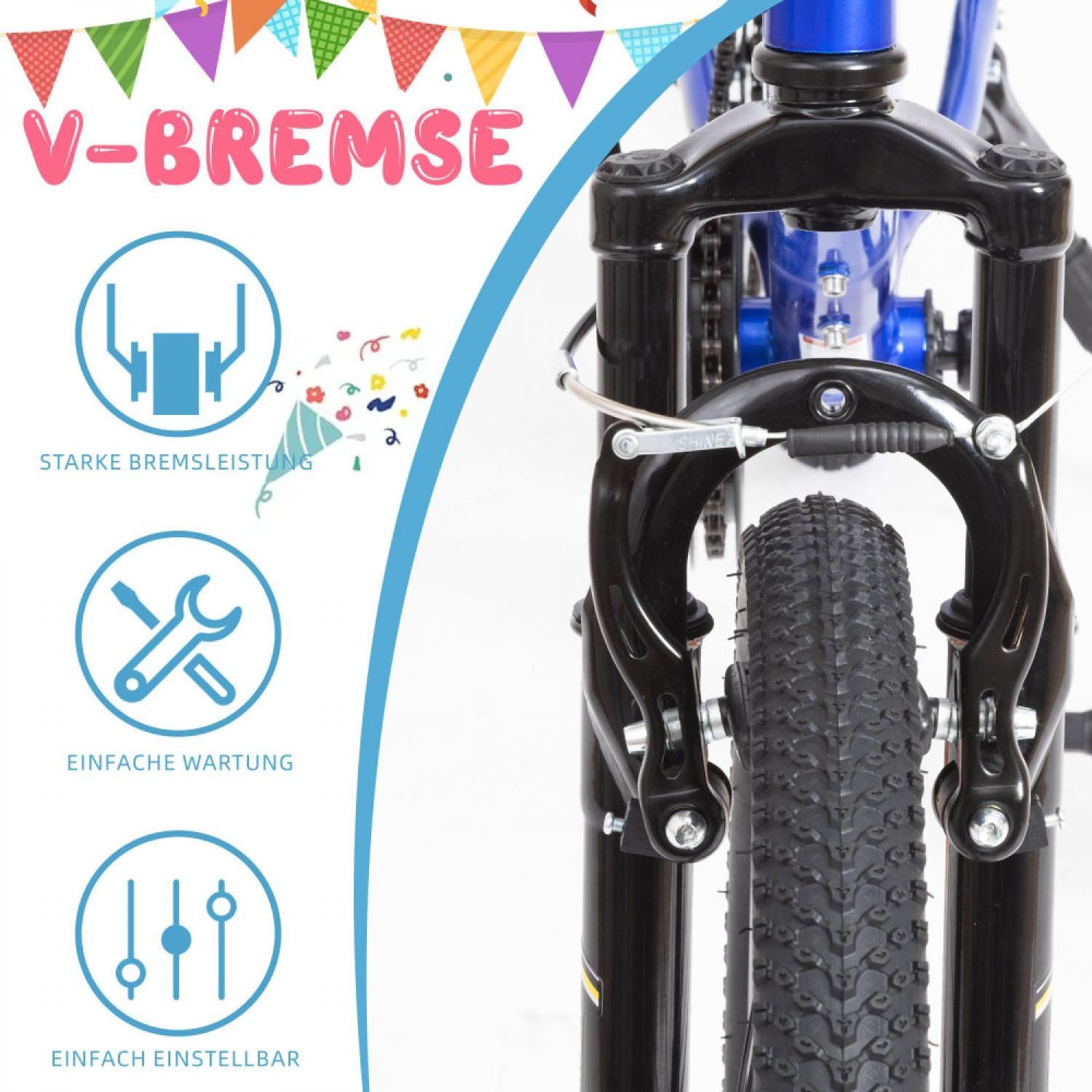 Fahrrad-V-Bremse mit Symbolen für starke Bremsleistung, einfache Wartung, einstellbar.