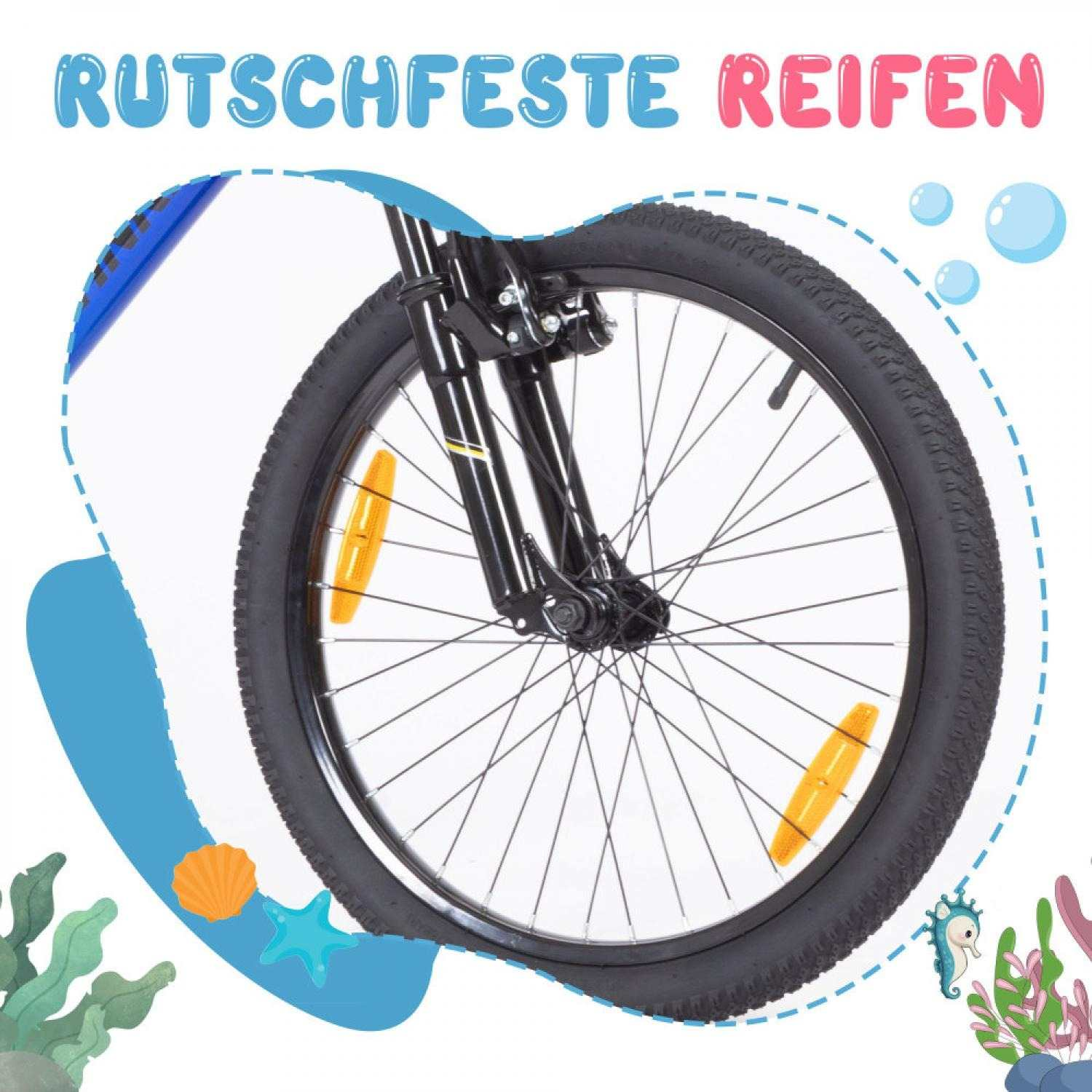 Nahaufnahme eines Fahrradreifens mit Felgen, Speichen und Reflektoren. Unterwasser-Deko.