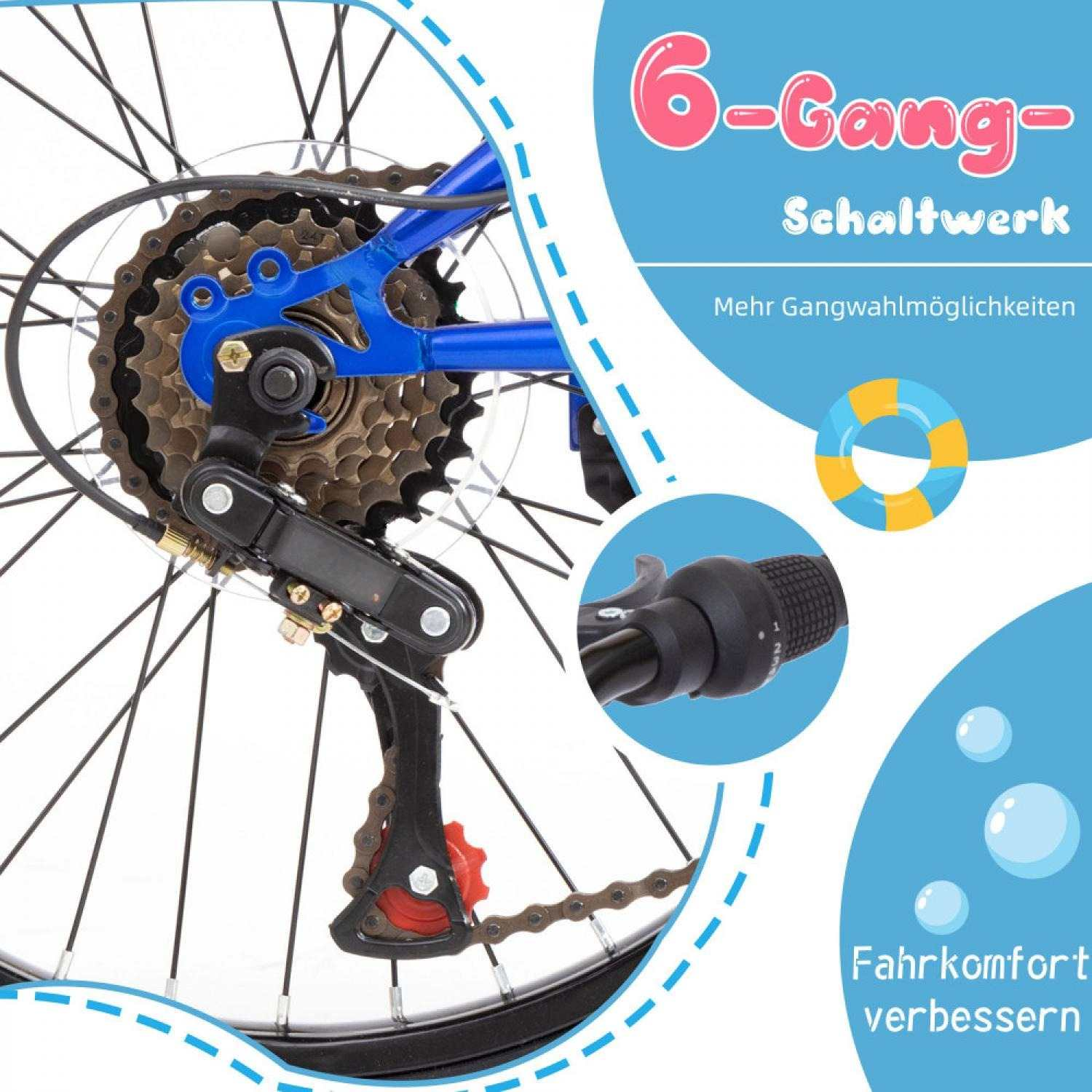 Nahaufnahme eines Fahrrad-Schaltwerks mit Kassette und Kette. Text über 6 Gänge.