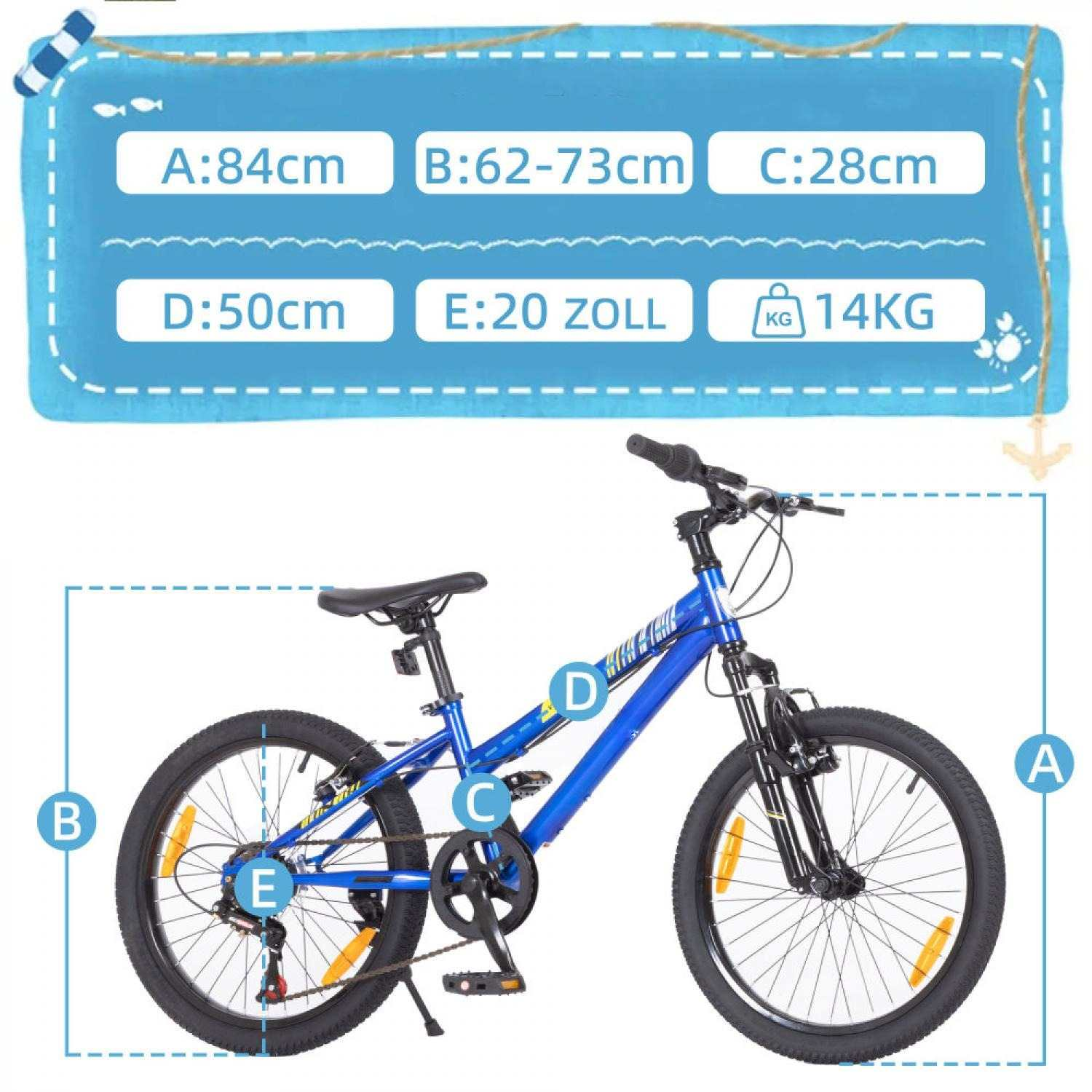 Ein blaues Kinderfahrrad mit Größenangaben: A: 84cm, B: 62-73cm, C: 28cm, D: 50cm, E: 20 Zoll, 14kg.