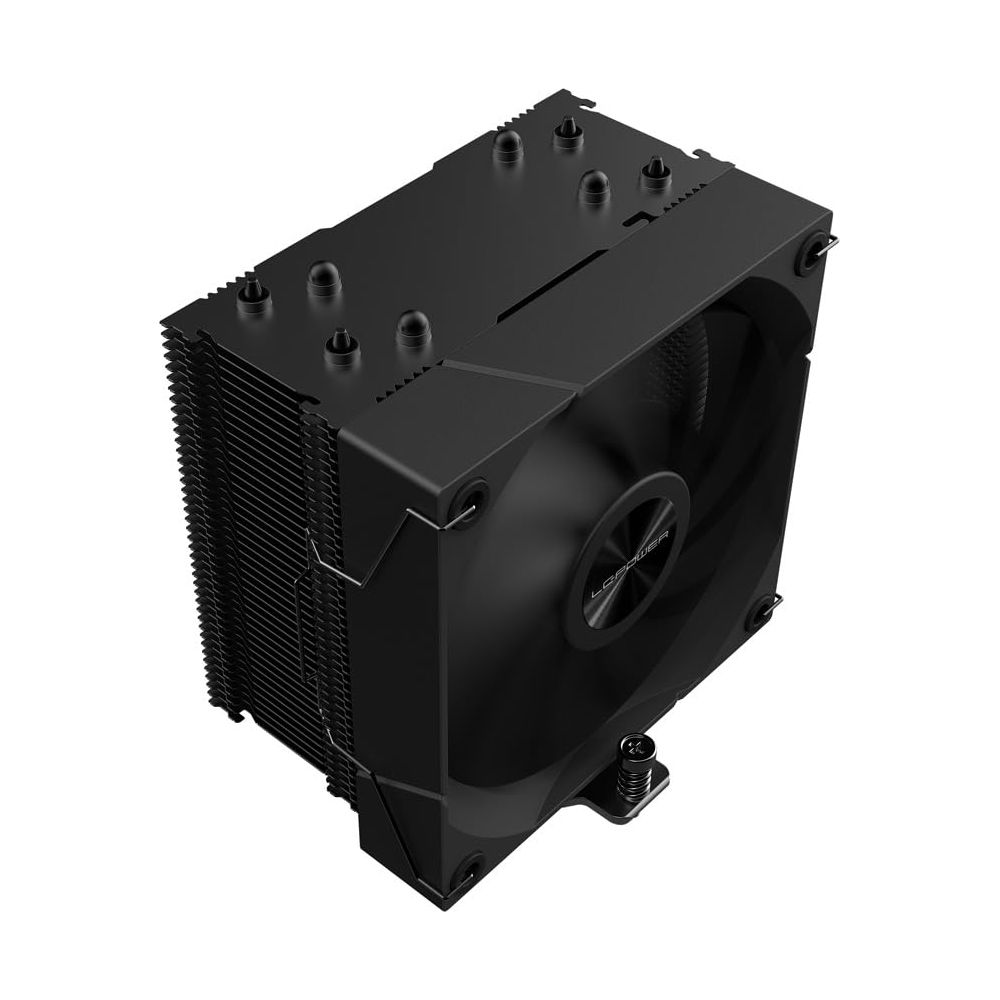 Black CPU cooler with fan, isolated on a white background.